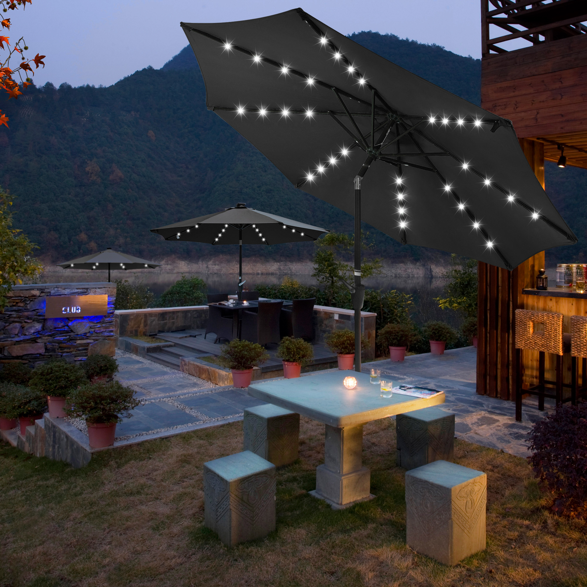 9' Patio Outdoor Umbrella Solar LED 8 Rib Garden Parasol Yard Deck Table  Shade | eBay