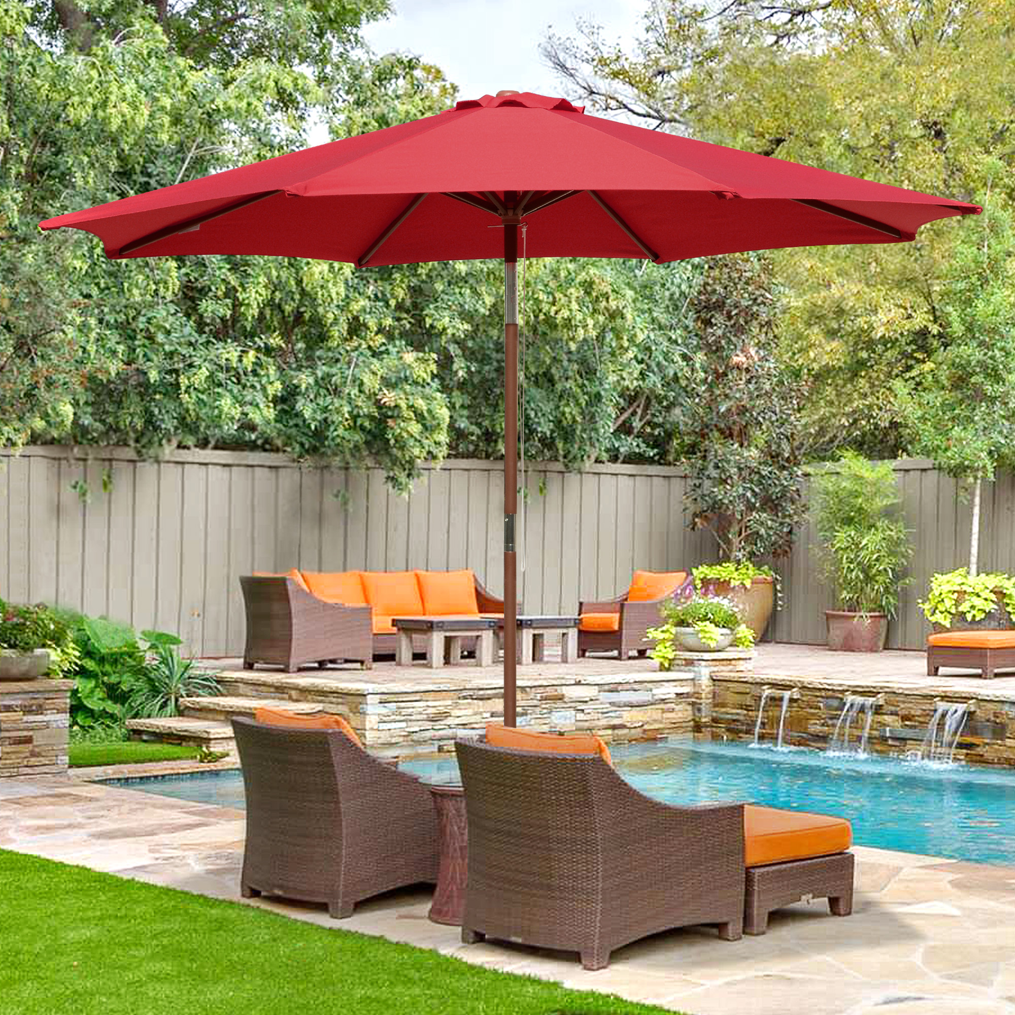 9ft Wooden Patio Umbrella 8 Ribs Garden Beach Pool Resort Tilt Parasol Sunshade - Picture 21 of 34