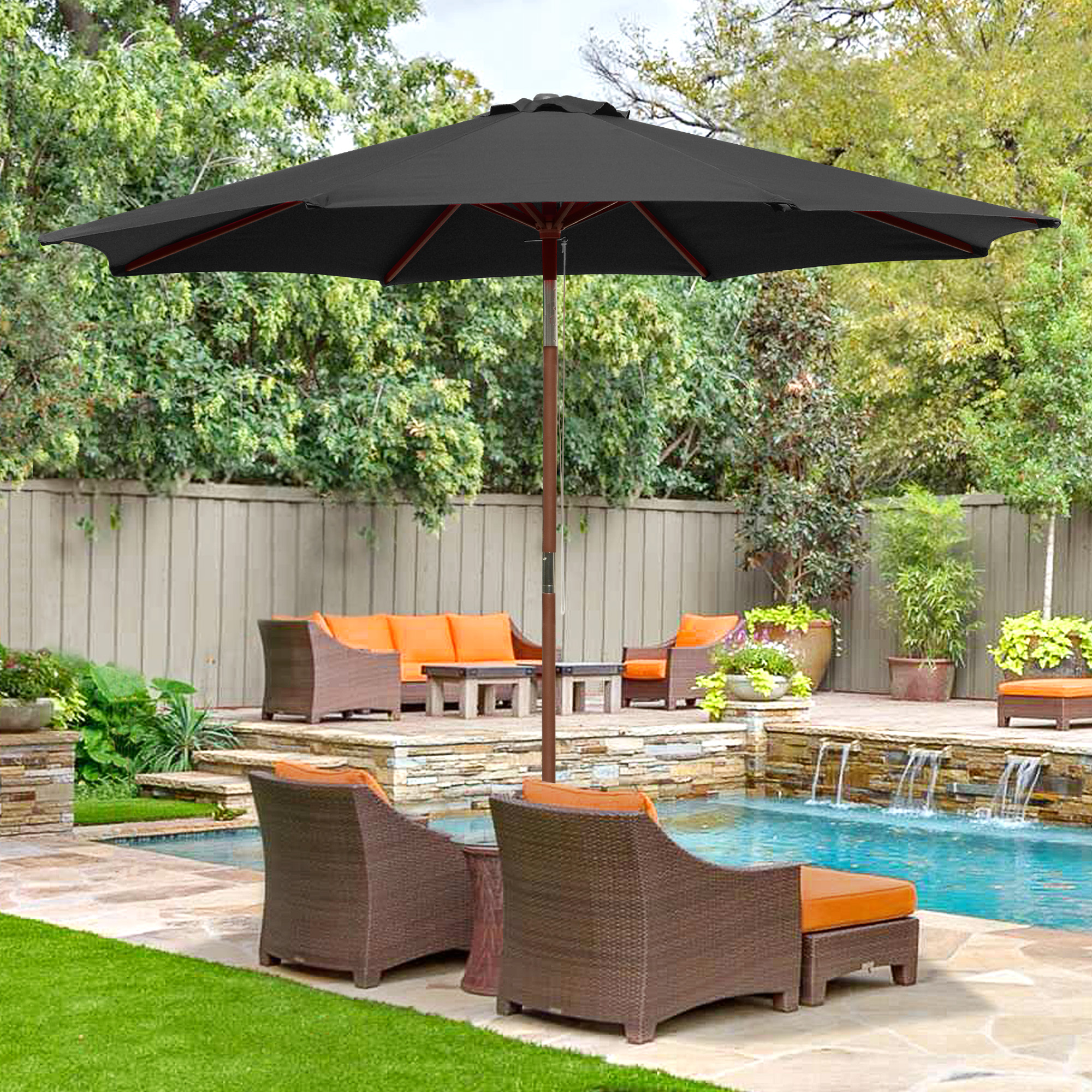 9ft Wooden Patio Umbrella 8 Ribs Garden Beach Pool Resort Tilt Parasol Sunshade - Picture 12 of 34