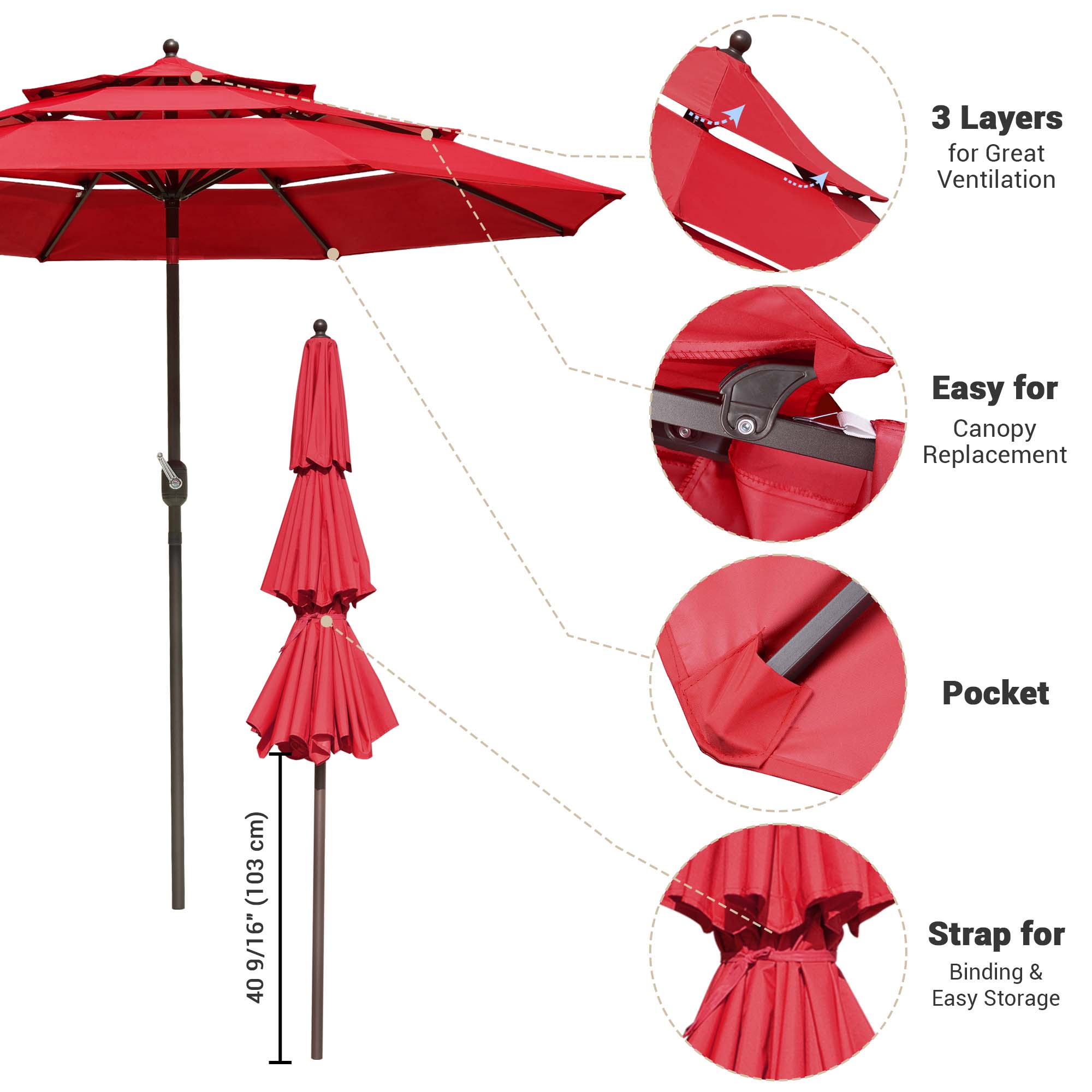 3Tier 9/10/11 Ft Patio Umbrella with Crank Handle Push to Tilt