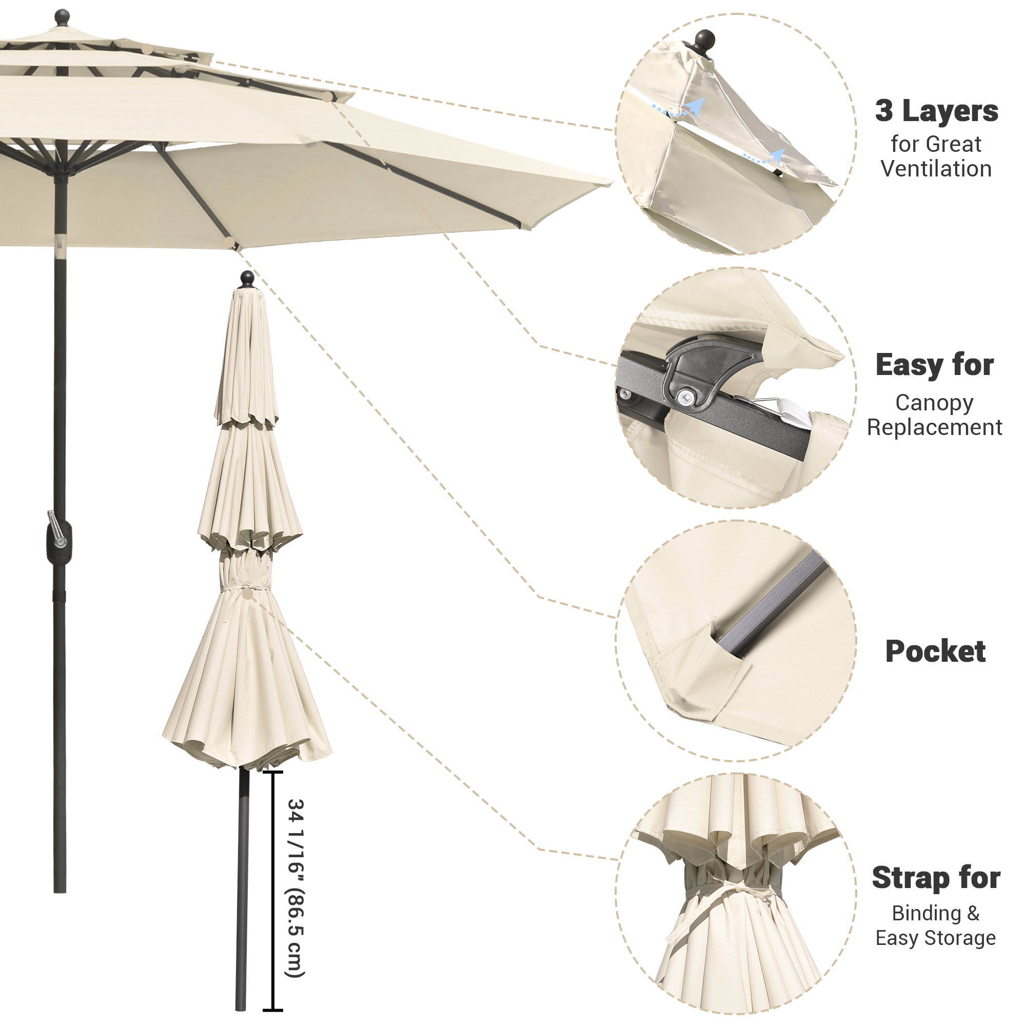 36 types of 3Tier Patio Umbrella Crank Handle Push to Tilt Aluminum