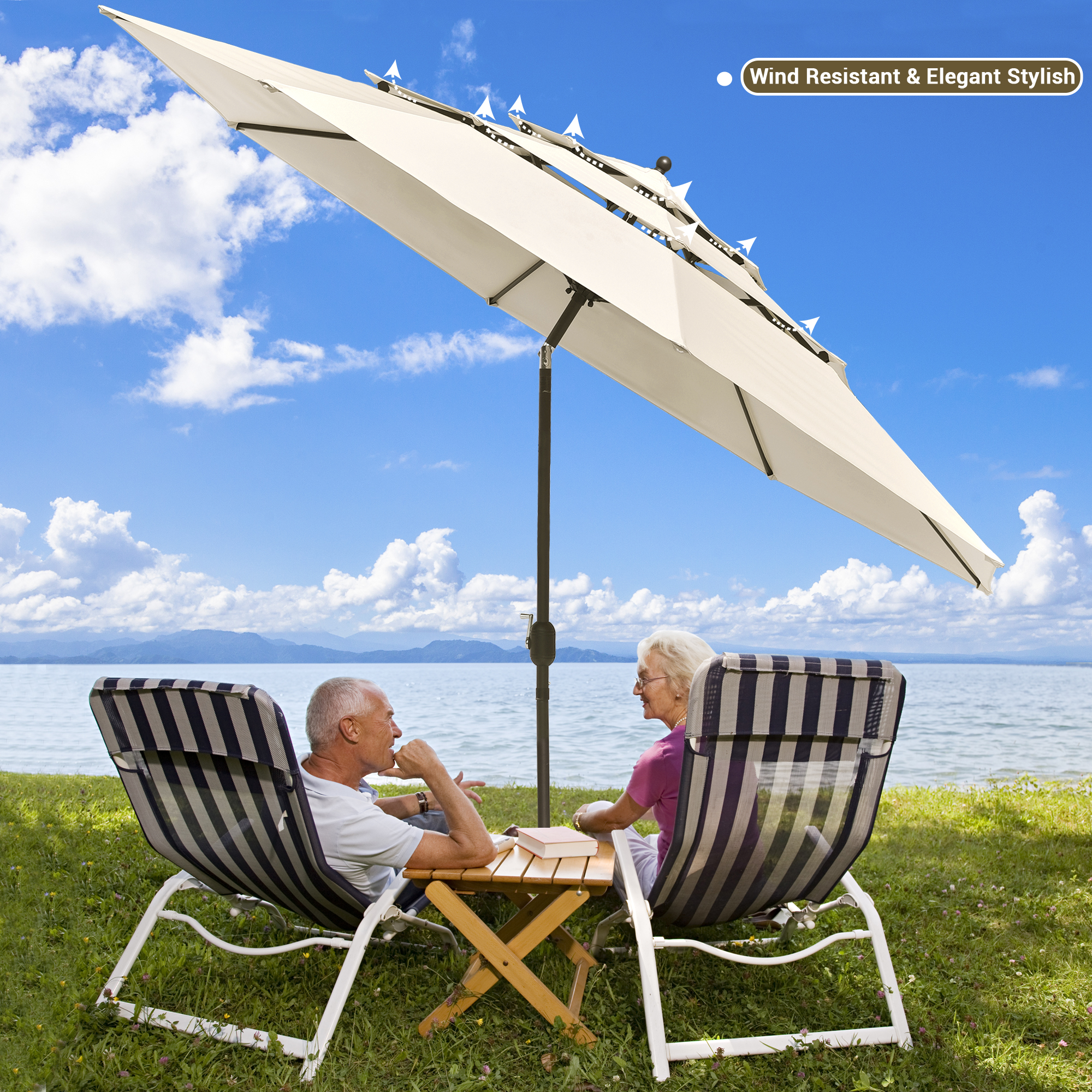 3-Tier 11 Ft Patio Umbrella with Crank Handle Push to Tilt Garden Pool - Picture 2 of 31