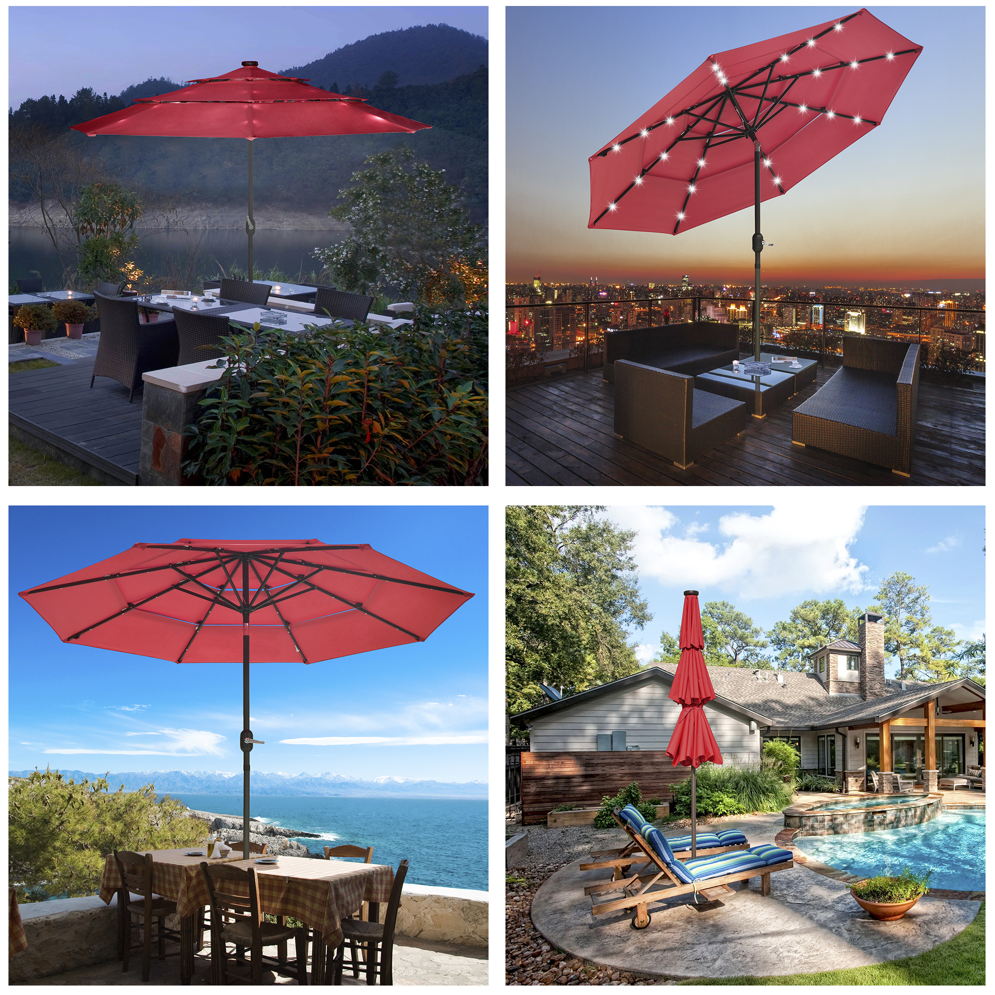 3-Tier 9 Ft Patio Umbrella with Solar Powered LED Crank Tilt Button Outdoor - Picture 30 of 31