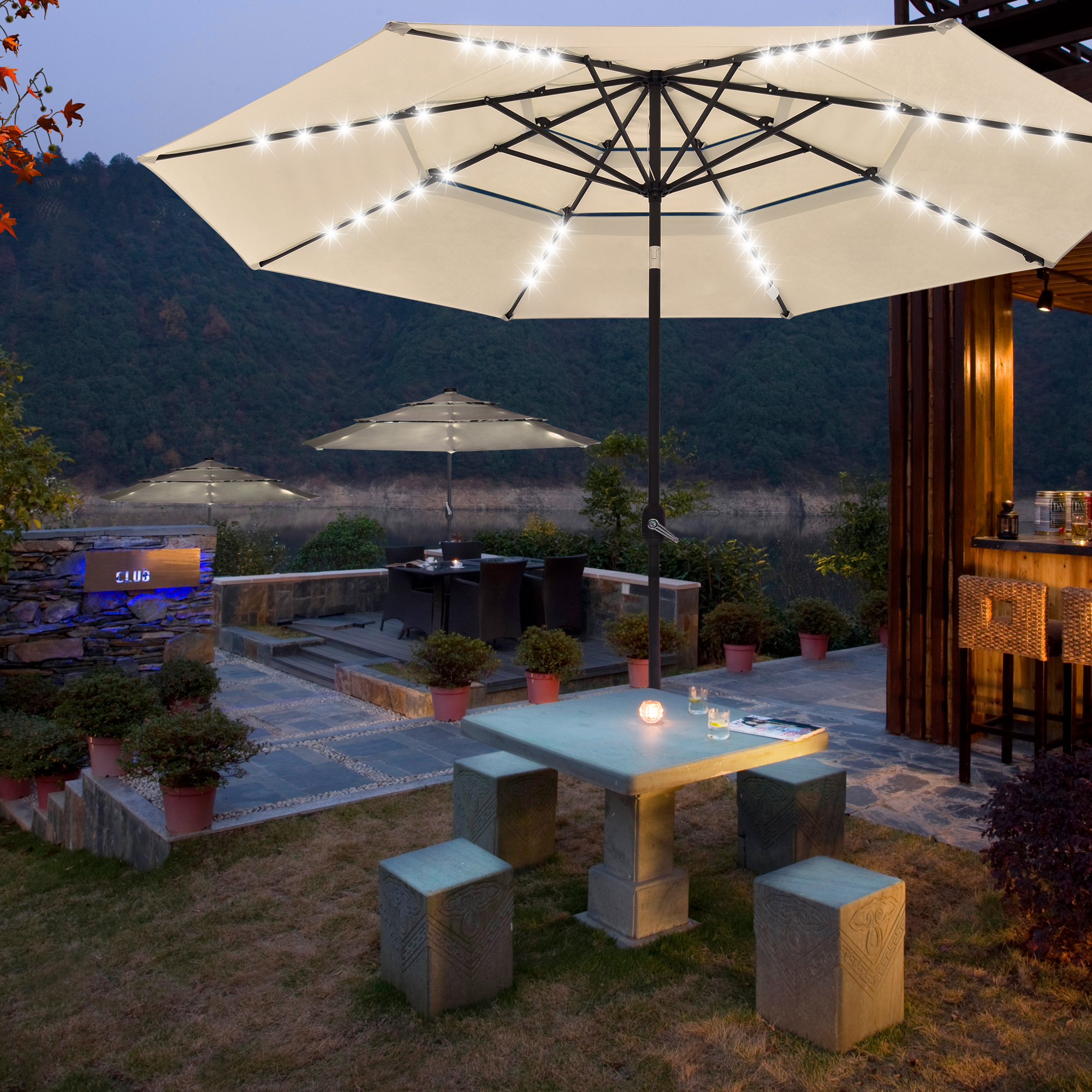 3-Tier 11 Ft Patio Umbrella with Solar Powered LED Crank Tilt Button  Backyard | eBay