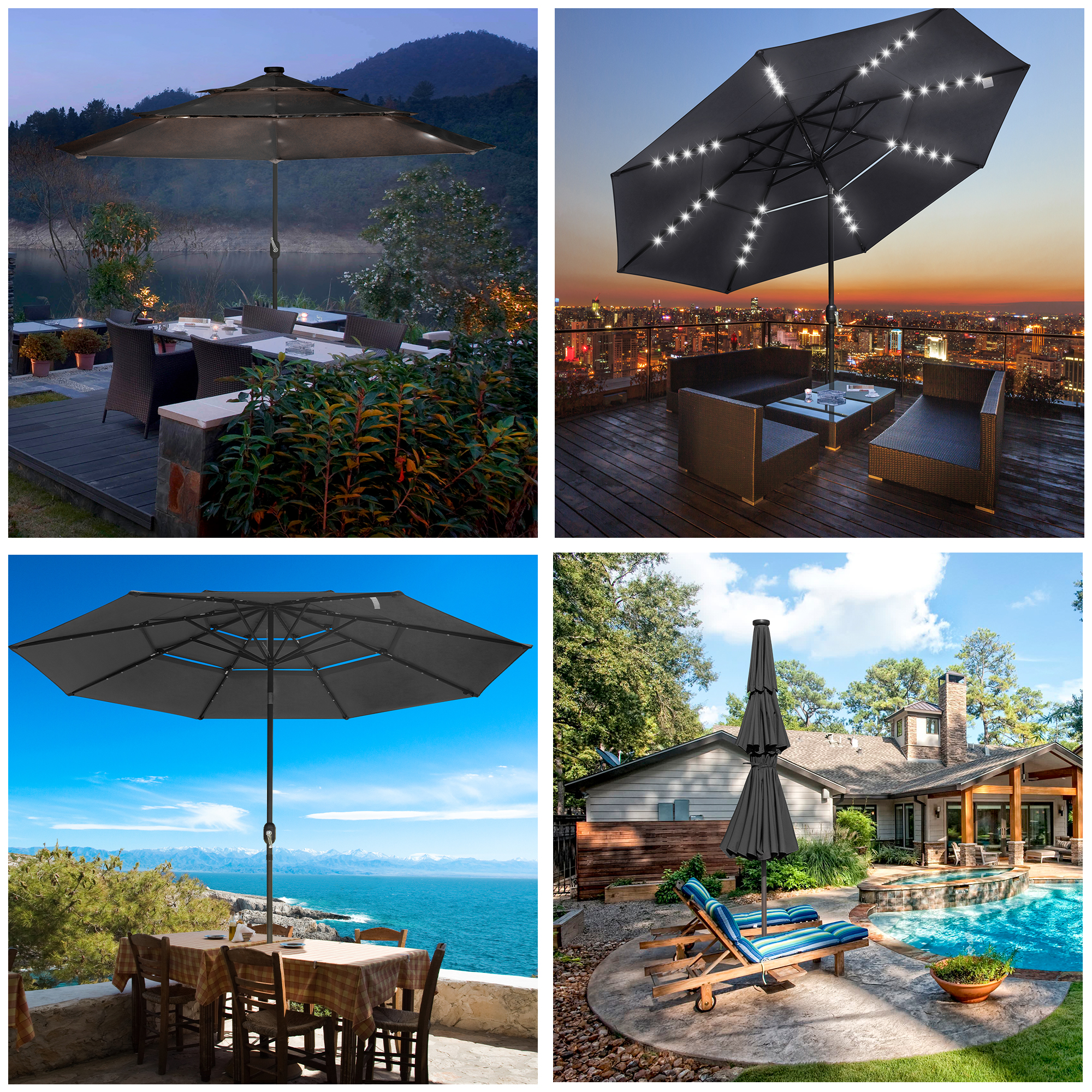 3-Tier 11 Ft Patio Umbrella with Solar Powered LED Crank Tilt Button  Backyard | eBay