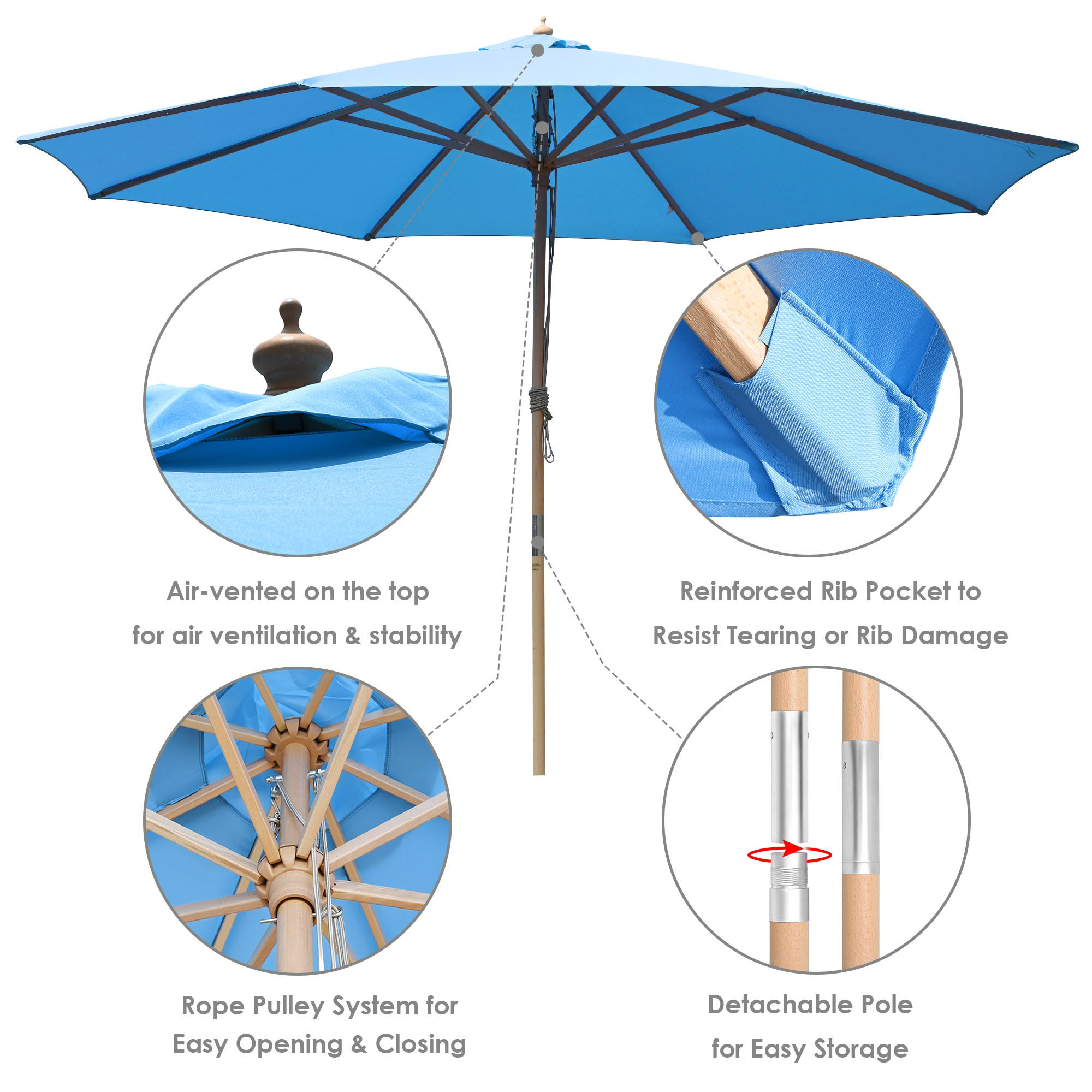 9' 13' Outdoor Patio Wood Umbrella Wooden Pole Market Beach Garden Sun Shade - Picture 7 of 67