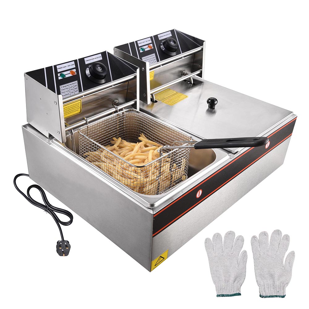 20L Electric Deep Fryer Commercial Dual Tank Stainless Steel Timer Drain 6000W U