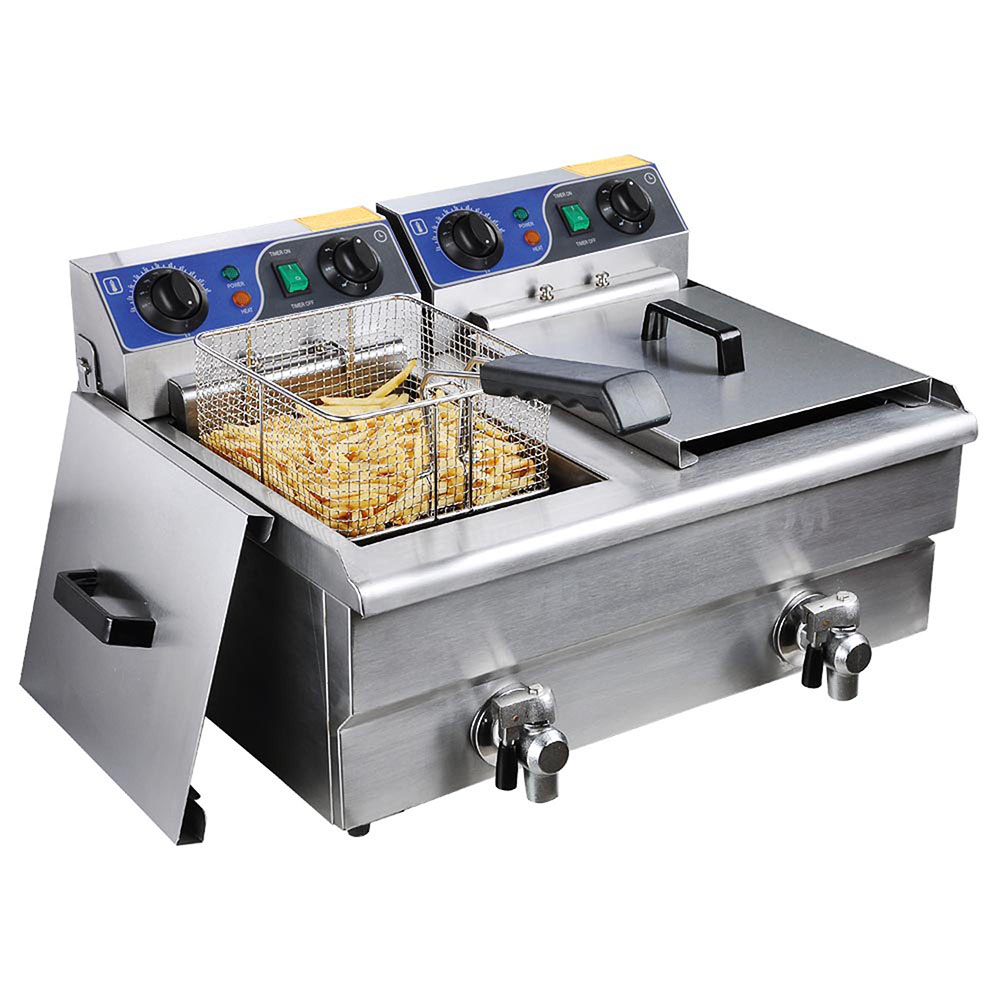 20L Electric Deep Fryer Commercial Dual Tank Stainless Steel Timer Drain 6000W U