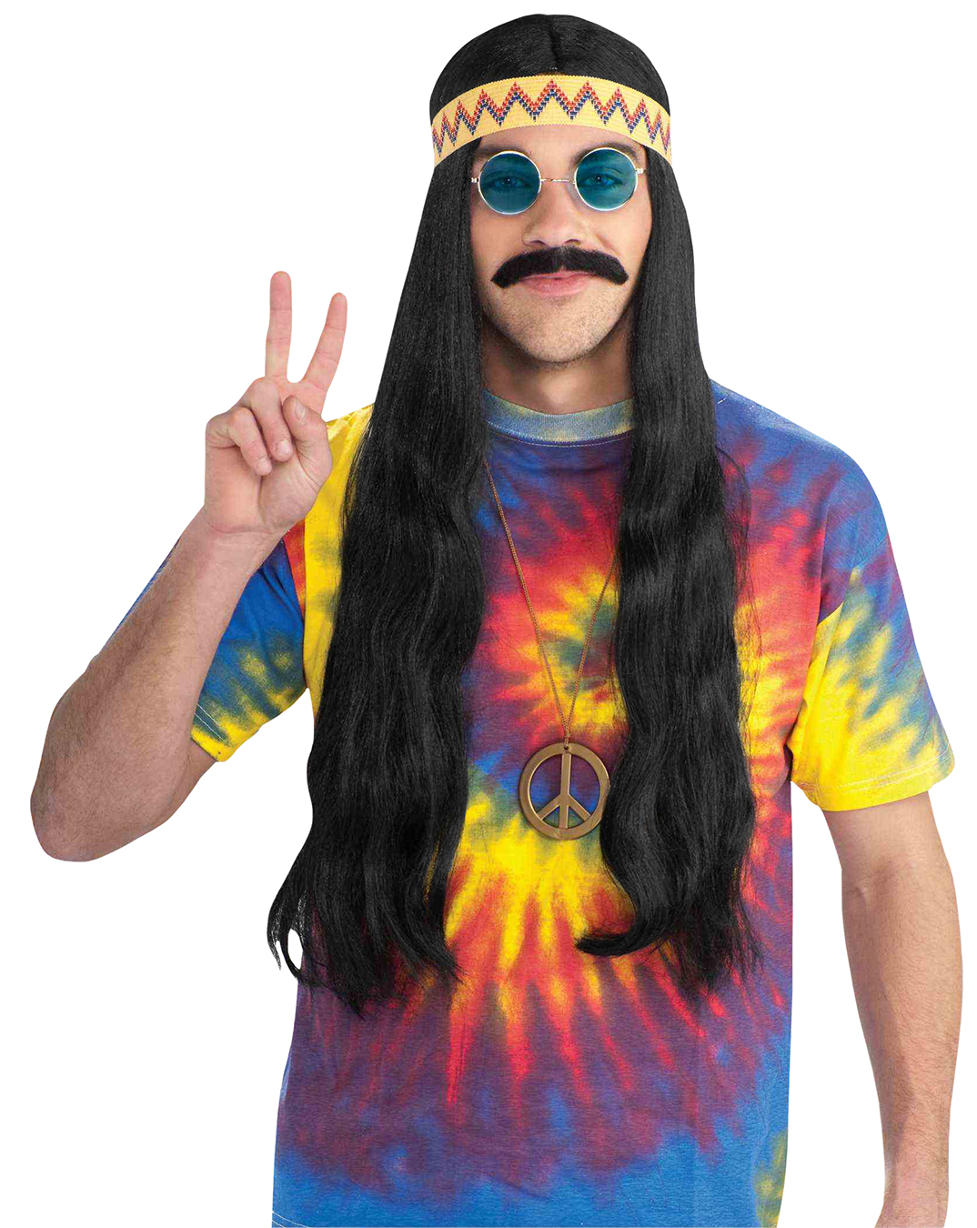 60's 70's Long Hippie Dude Wig Black Hair w/ Headband Adult Costume