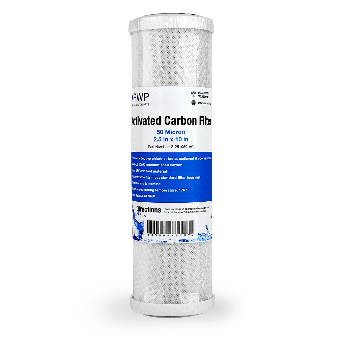 Activated Carbon CTO Water Filter Cartridge Standard 2.5 x10" 50 Micron