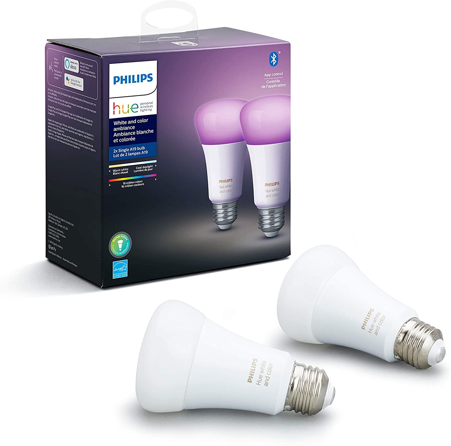 Philips Hue White & Color Ambiance Smart Bulbs (2-Pack) – 60W Equivalent, E26 Base, Bluetooth & Zigbee, Works With Alexa & Google Assistant