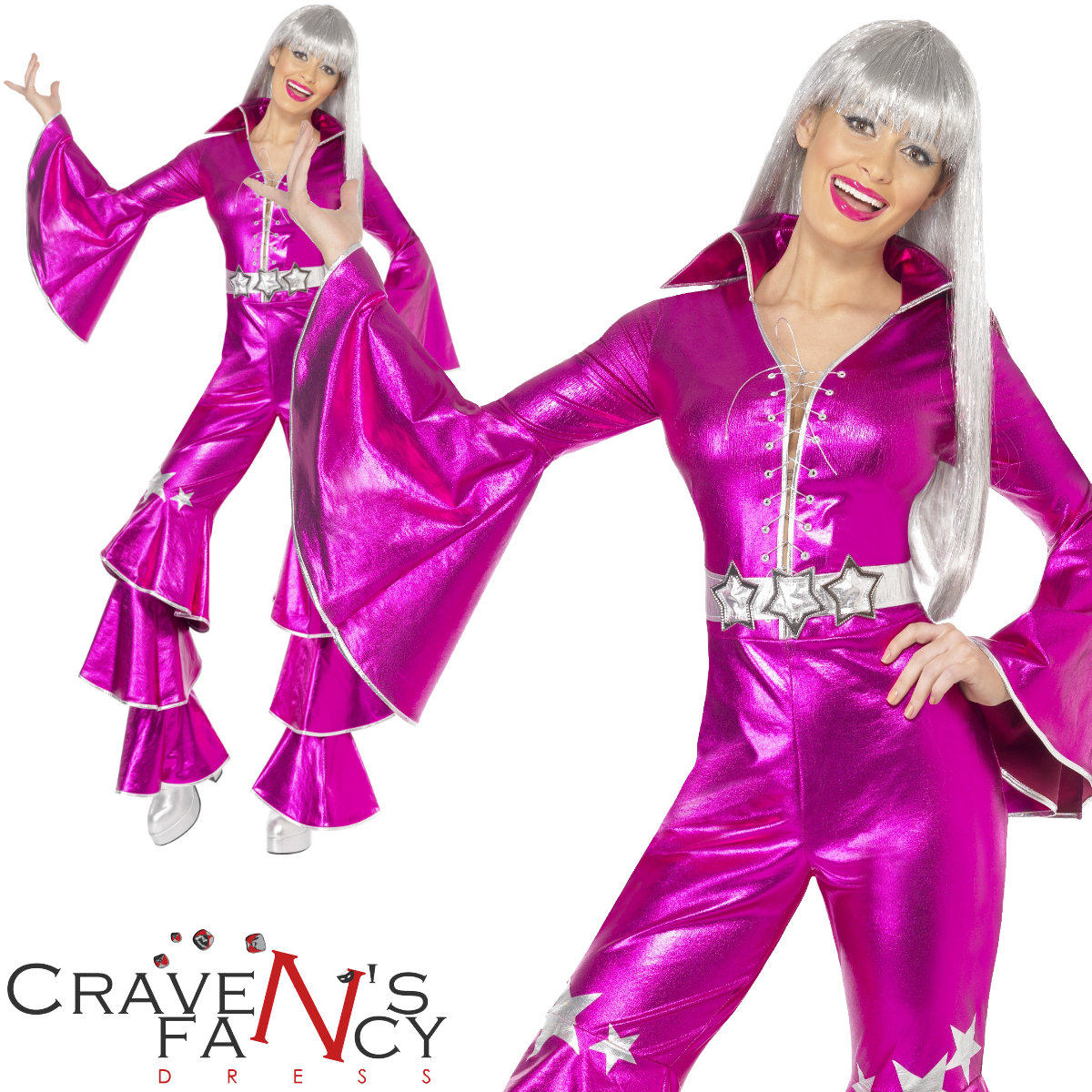 70s Pink Dancing Queen Dream Abba Fancy Dress Costume Waterloo Womens