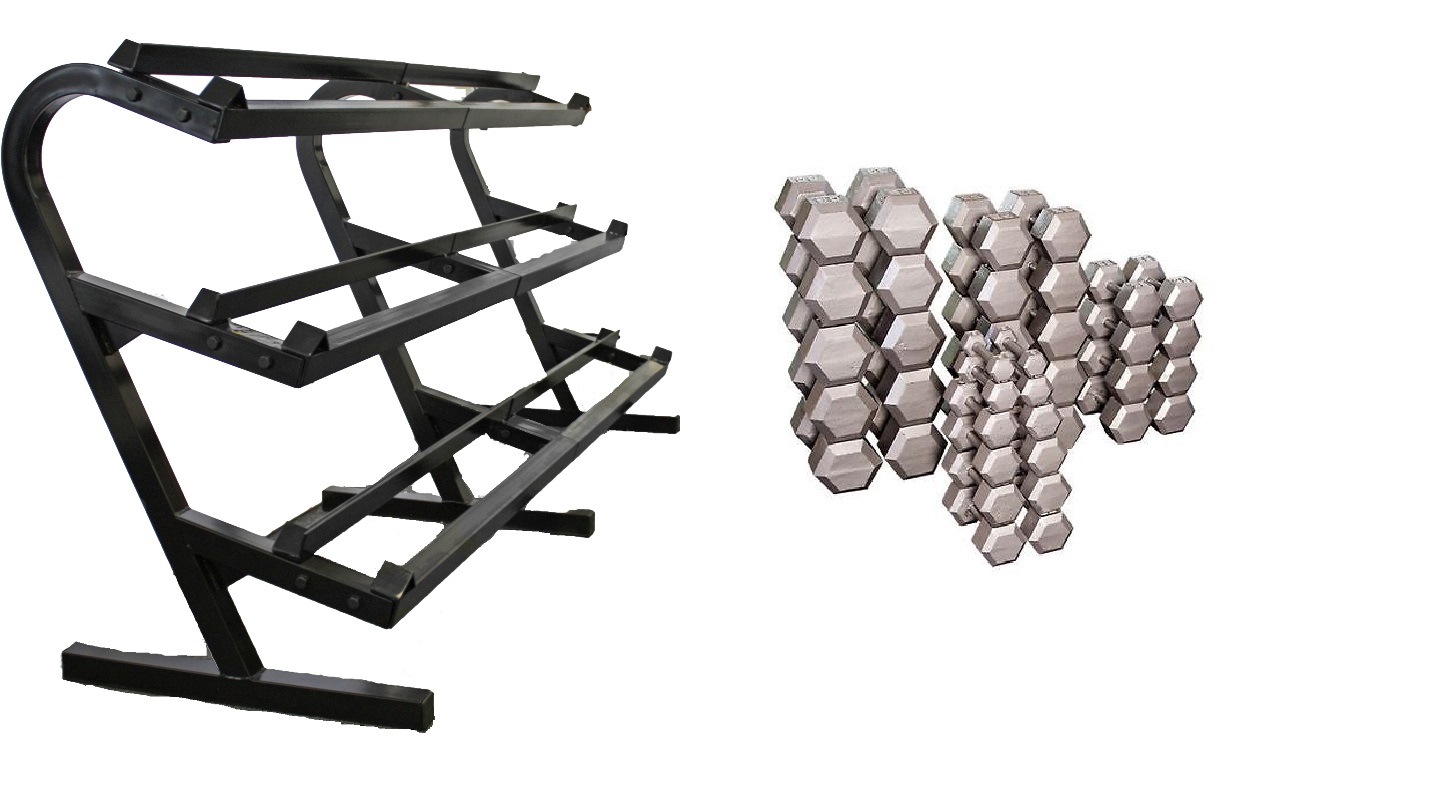 Troy-Barbell-USA-Sports-5-100-lb-Grey-Hex-Set-5-lb-Inc-amp-TDR3-Dumbbell-Rack