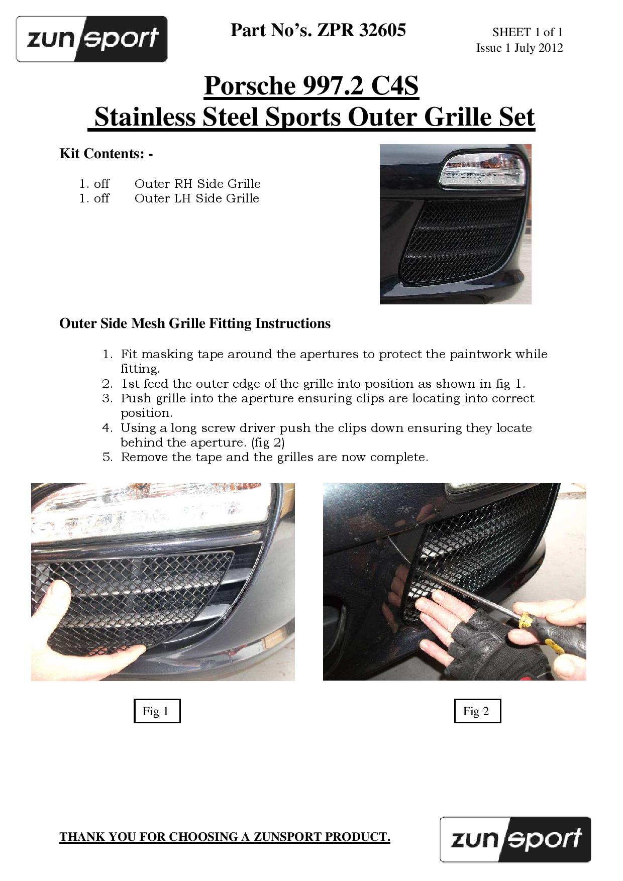 Black Finish Zunsport Compatible With Porsche Carrera 997.2 C2 2009-2012 Front Grille Set C2S