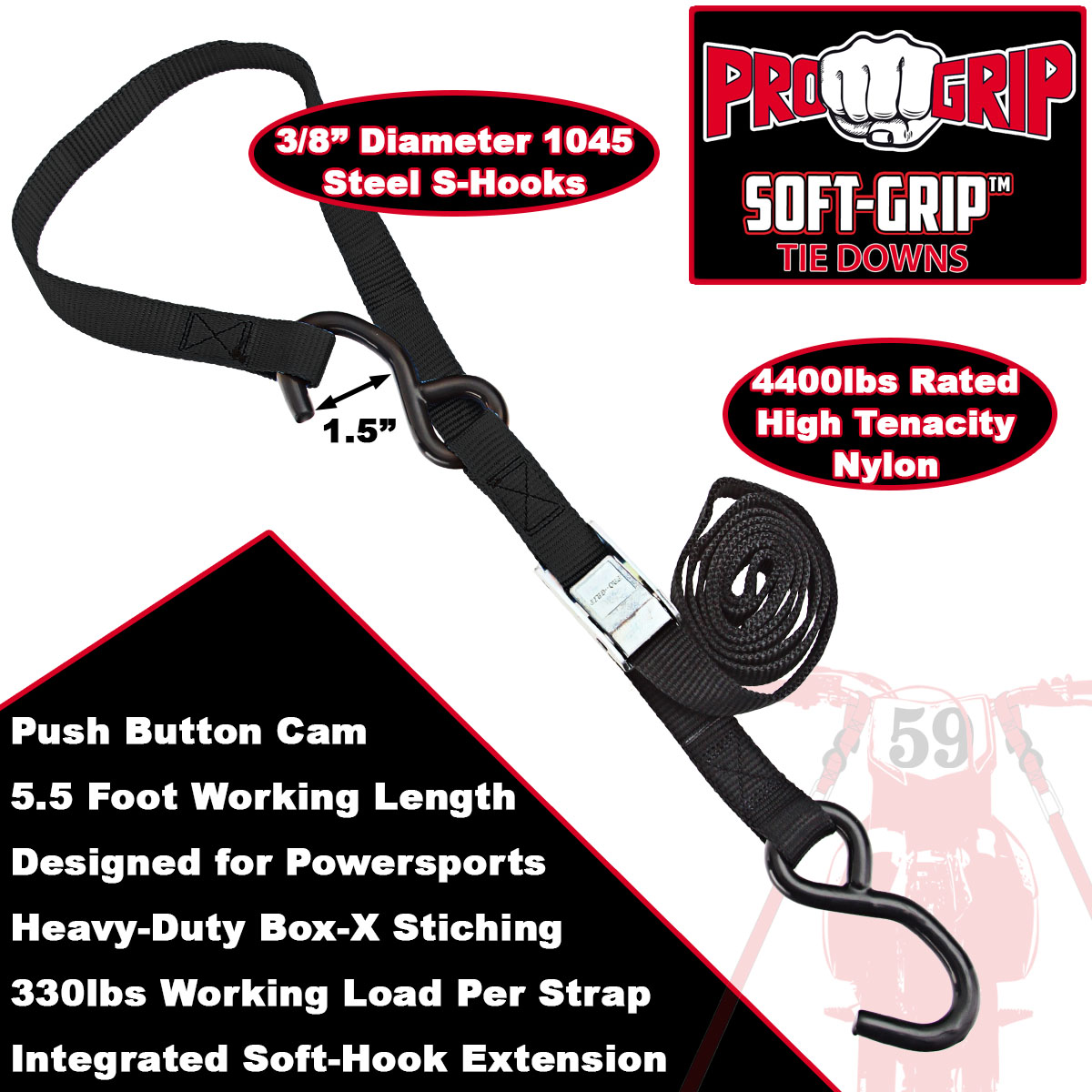 Progrip Powersports Motorcycle Soft Loop Tie Down Straps Lab Tested (4 Pack) - Picture 6 of 12