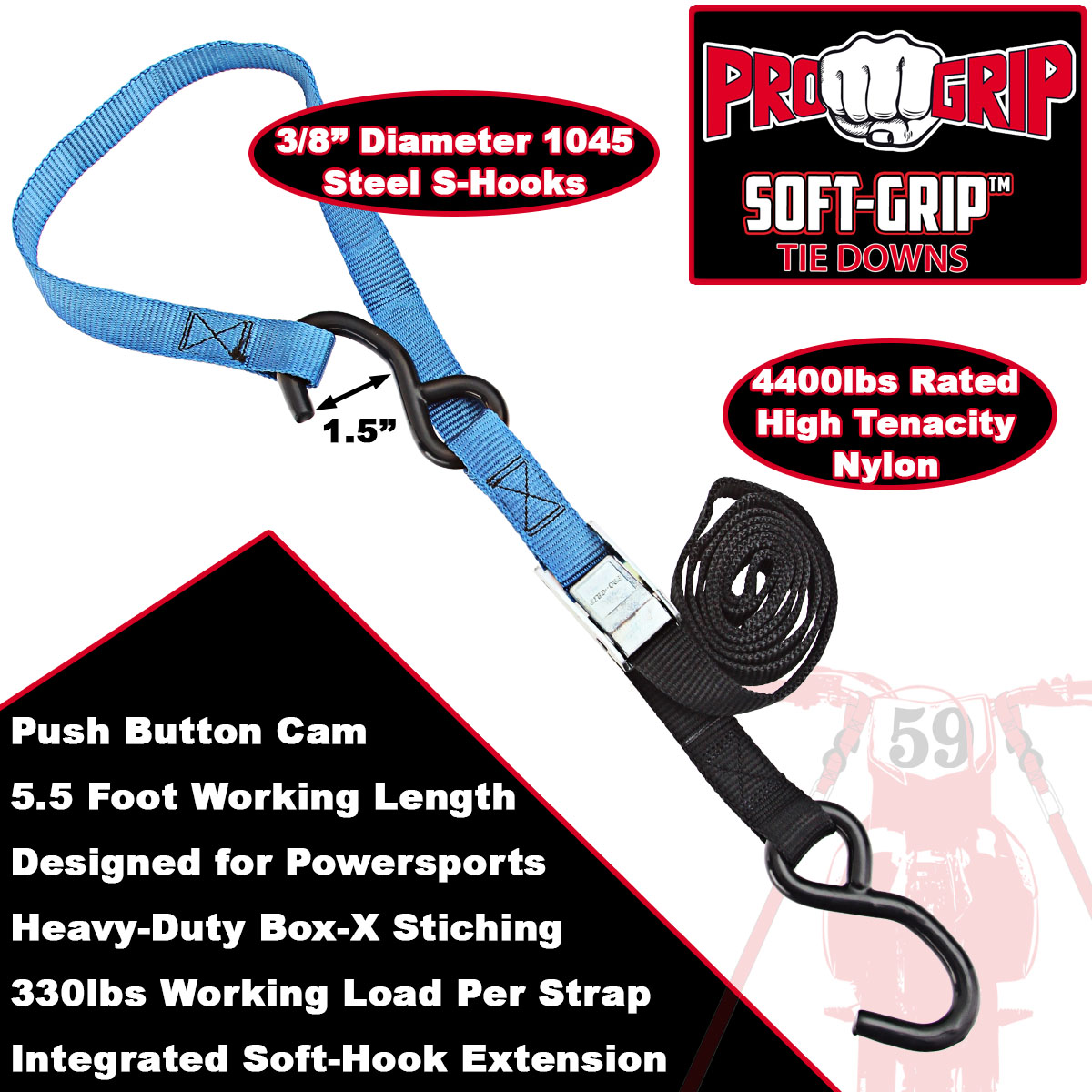 Progrip Powersports Motorcycle Soft Loop Tie Down Straps Lab Tested (4 Pack) - Picture 8 of 12