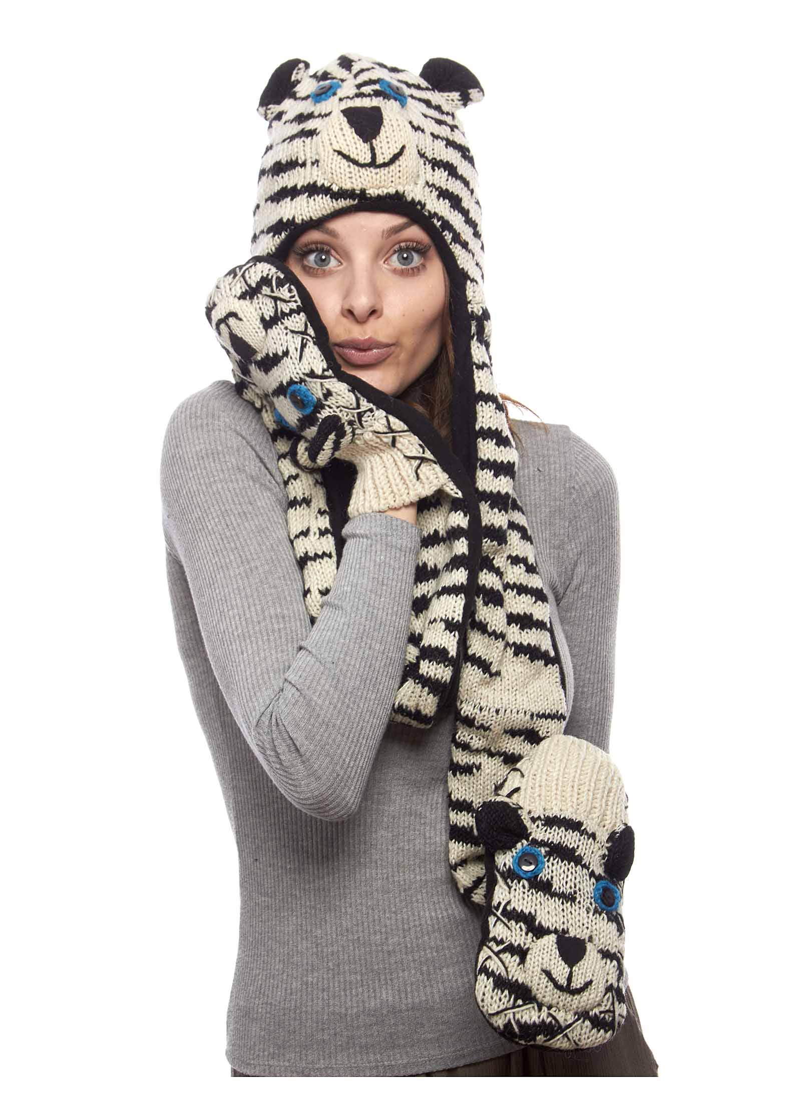 Go Wild Wool Animal Hat Scarf Mitten Combo