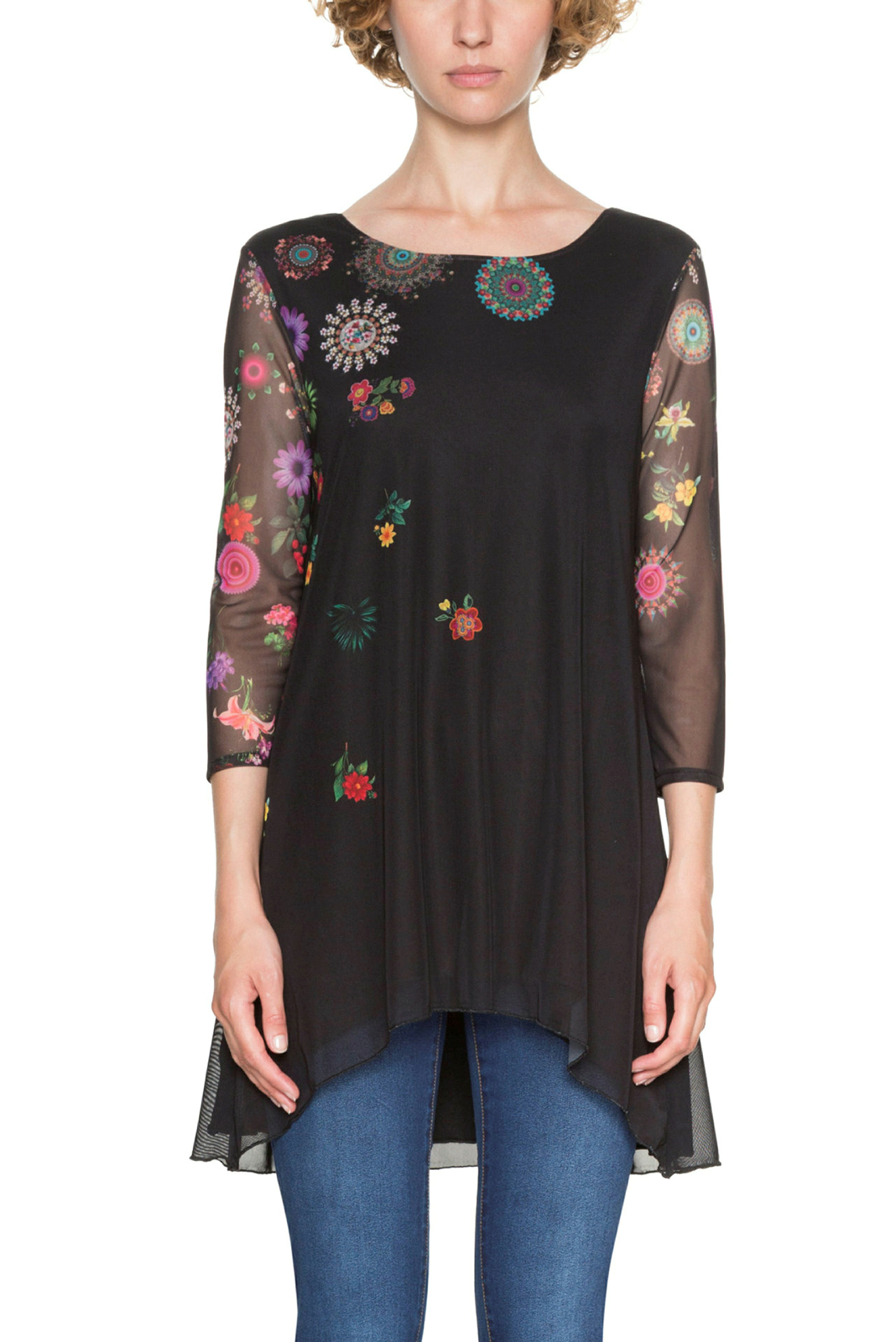 74 Desigual Top De Manga Larga de Chifón chruse Negro Floral Mandala XS-XXL 8-18 RP