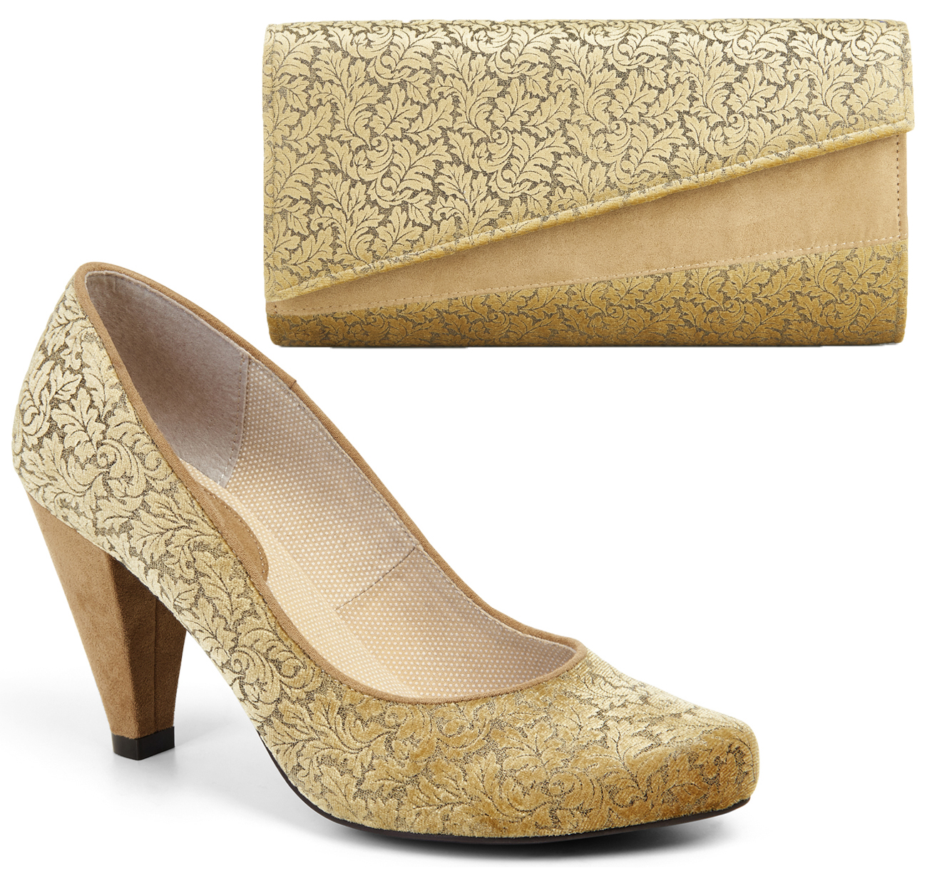 gold heels and bag