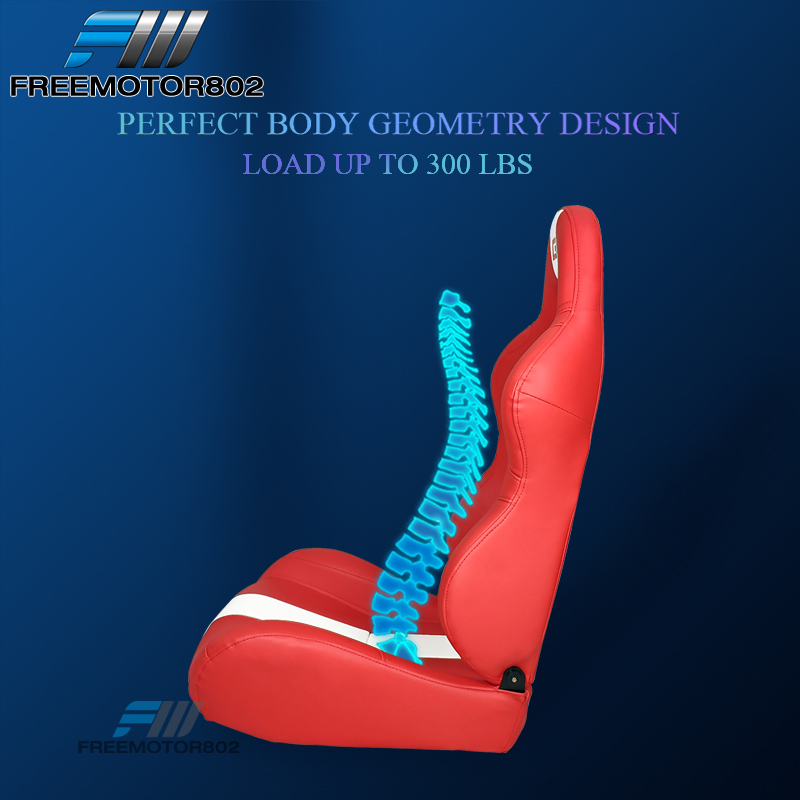 Universal Racing Bucket Seats – Red & White PU Leather, Pair With Dual Sliders, FREEMOTOR802