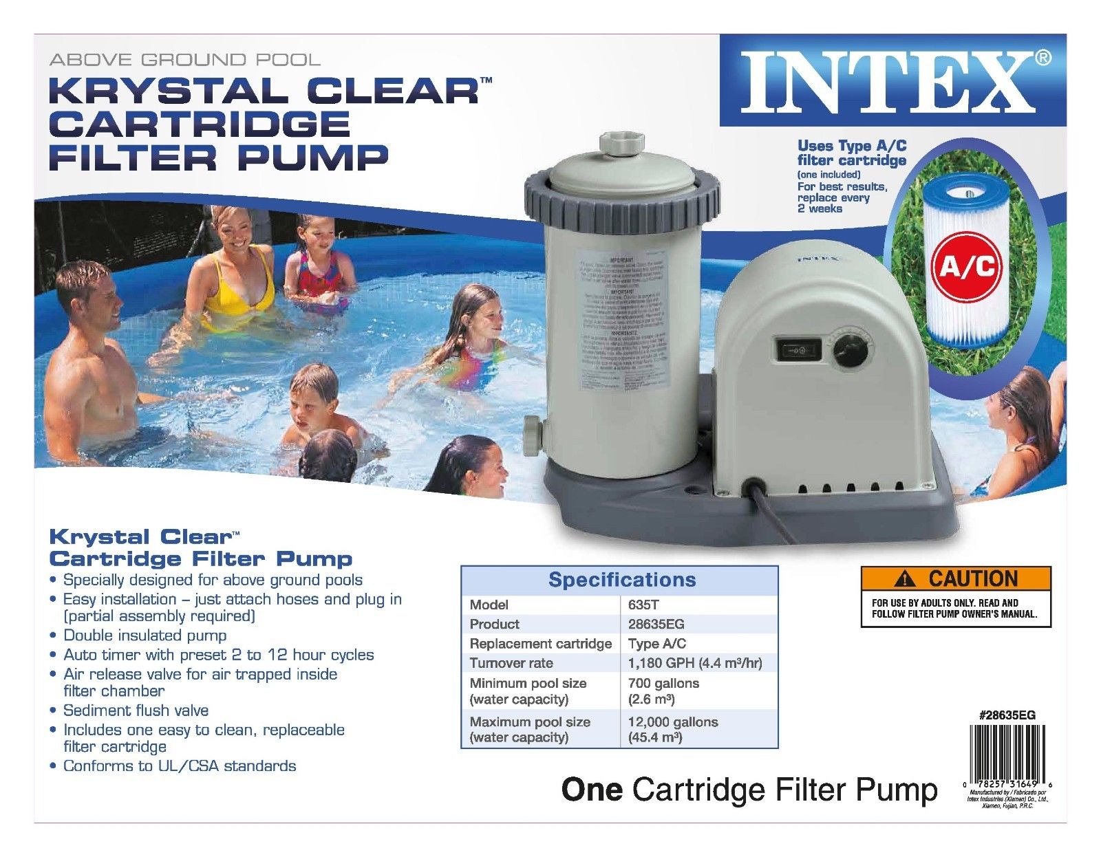 Intex 1500 GPH Easy Set Pool Filter Pump w/Timer & GFCI 28635EG 635