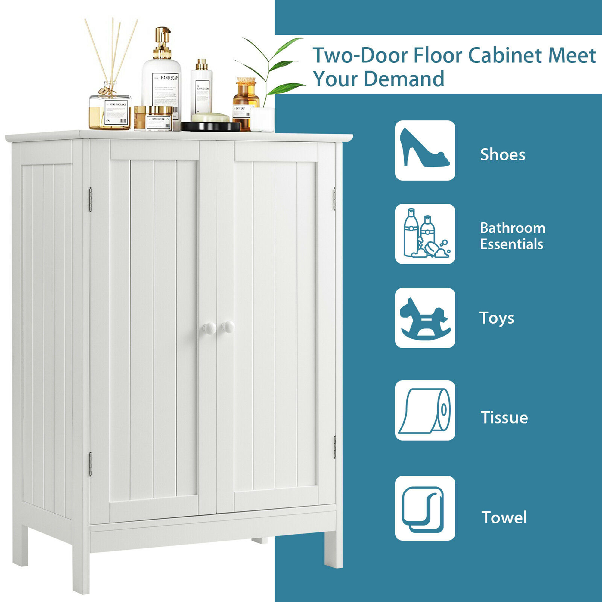 Bathroom Floor Storage Cabinet Double Door Kitchen Cupboard Shoe Cabinet White