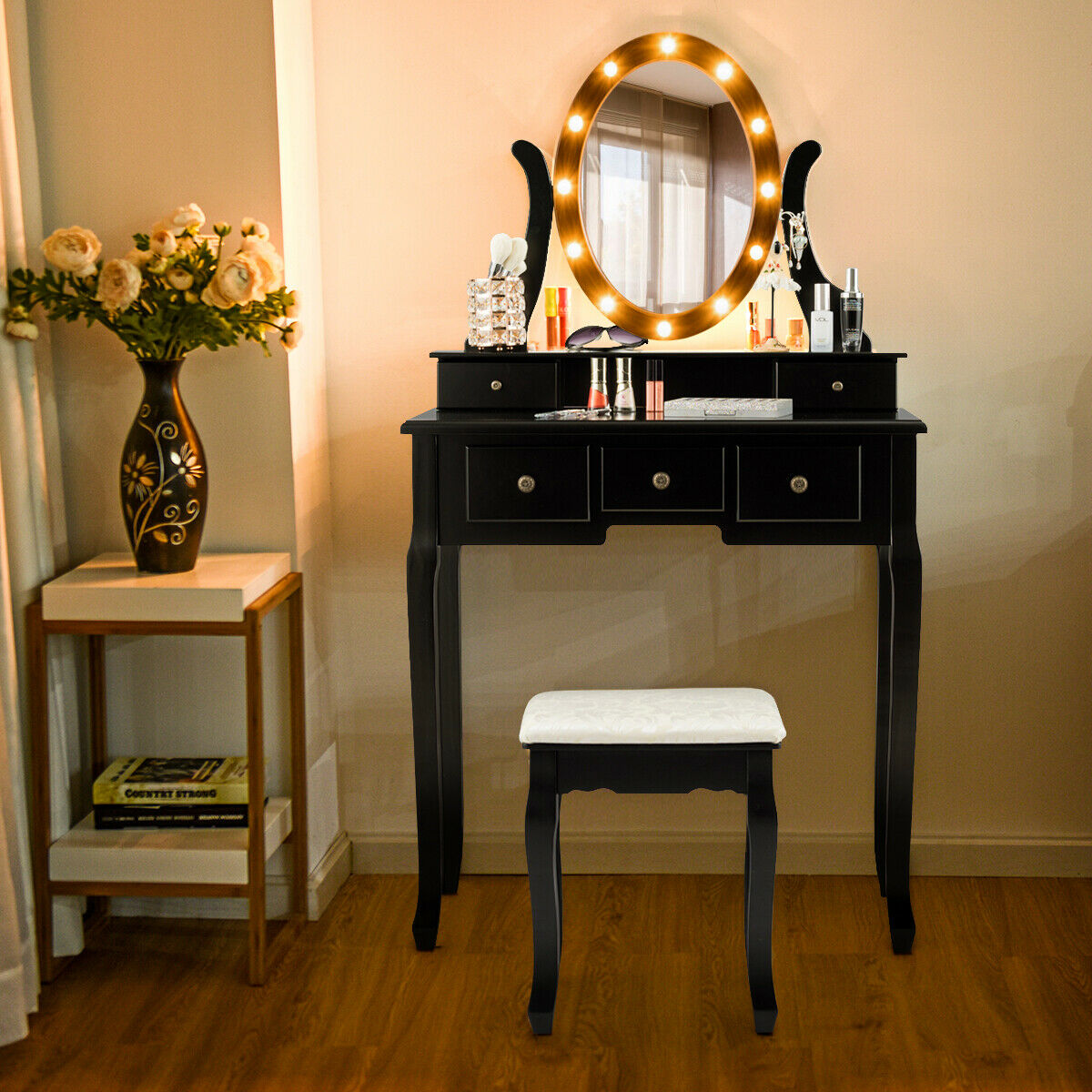 small black dressing table Small Size Left Drawer Desktop Vanity Table Cushioned Stool, Extra Lar