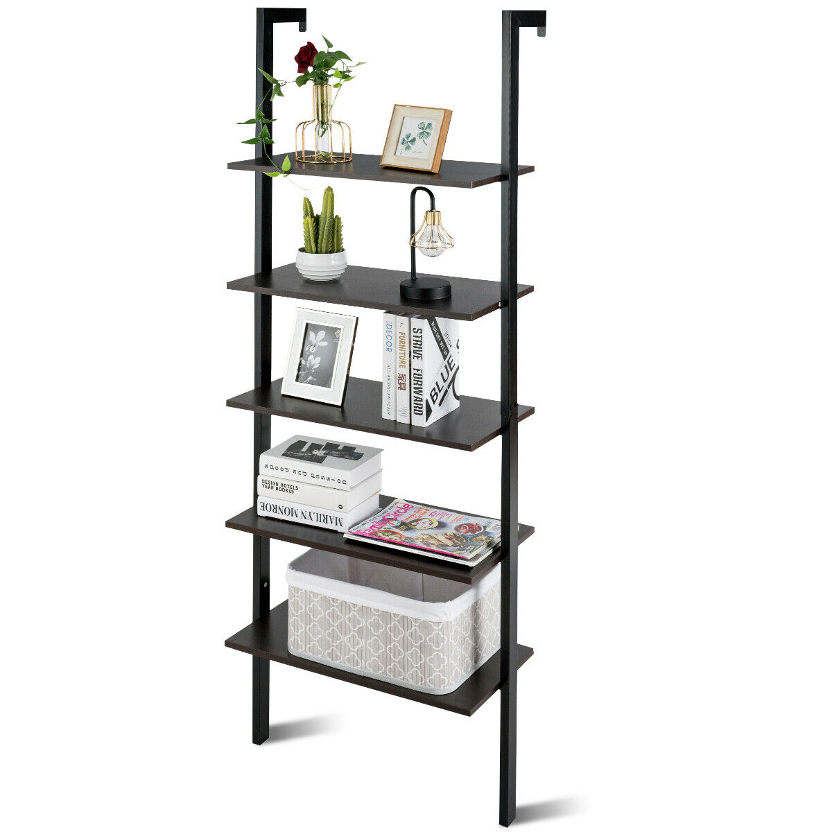 5-Tier Ladder Shelf Wood Wall Mounted Bookshelf W/Metal Frame Display Shelf