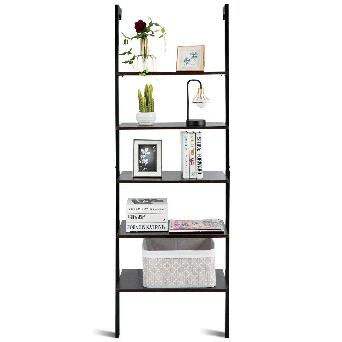 5-Tier Ladder Shelf Wood Wall Mounted Bookshelf W/Metal Frame Display Shelf