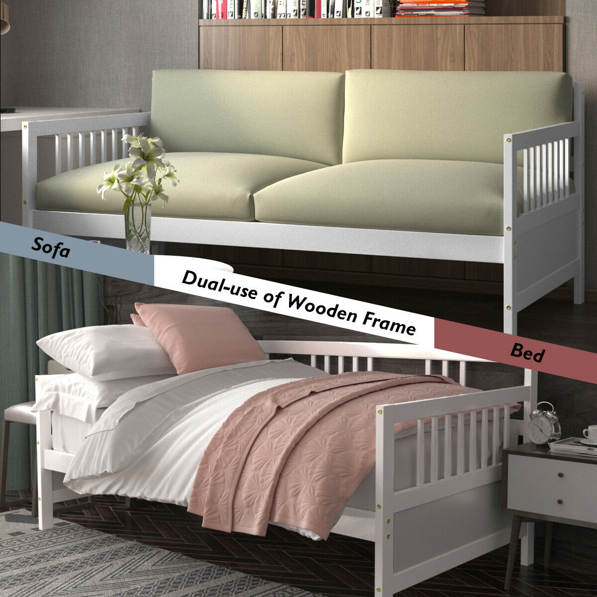 Twin Size Wooden Slats Daybed Bed Sofa Support Platform Sturdy W/Rails White - Picture 7 of 10