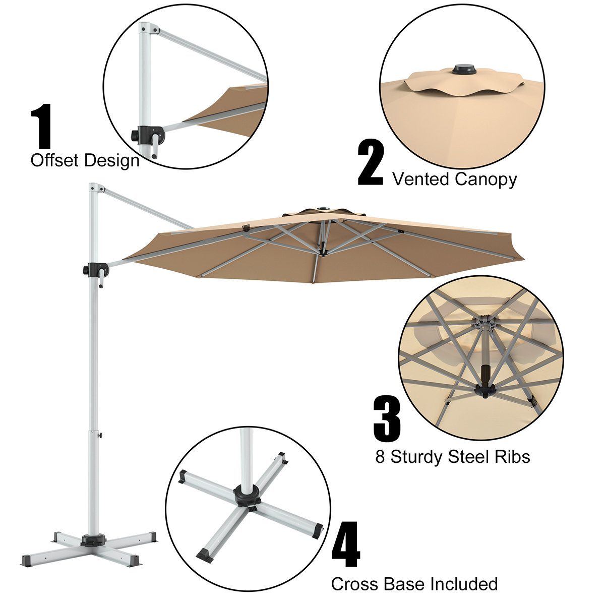 11Ft Patio Offset Hanging Cantilever Umbrella 360 Degree Tilt Beige - Picture 8 of 10