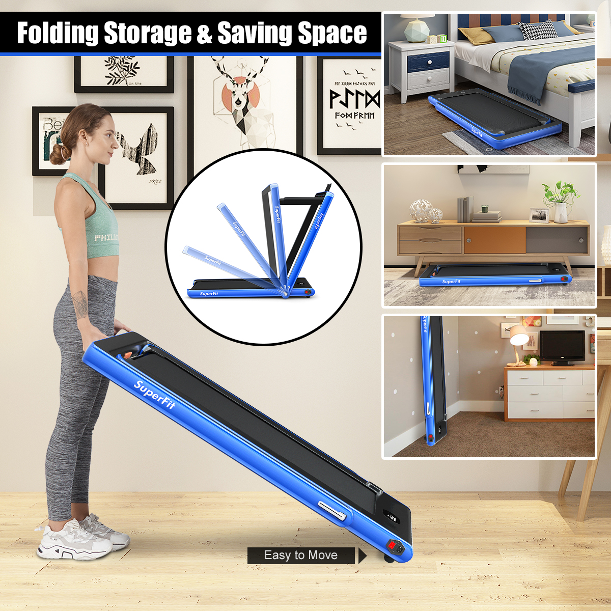 2 in 1 Folding Treadmill 2.25HP Running Machine w/ Dual Display Blue