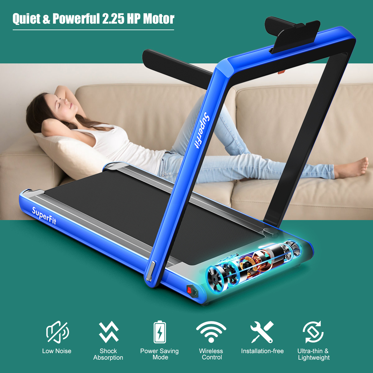 2 in 1 Folding Treadmill 2.25HP Running Machine w/ Dual Display Blue