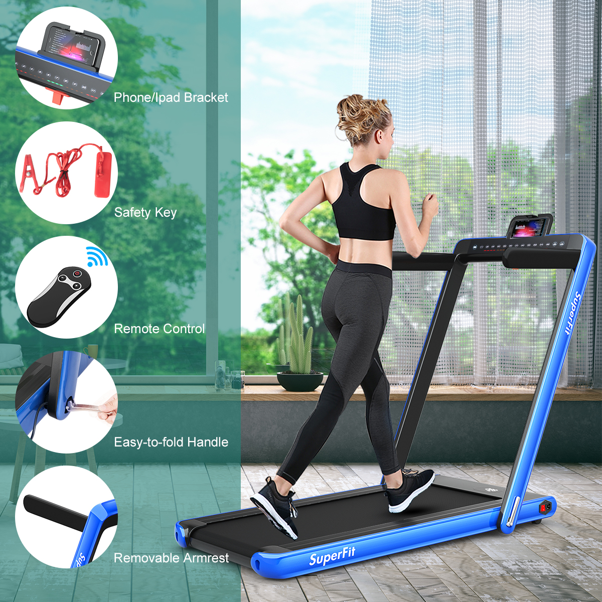 2 in 1 Folding Treadmill 2.25HP Running Machine w/ Dual Display Blue