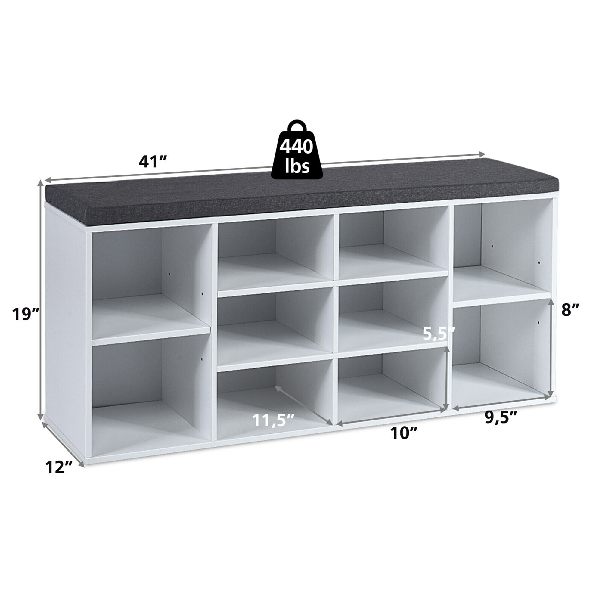 Banco organizador de zapatos acolchado de entrada 10 cubos blanco ajustable - Imagen 4 de 10
