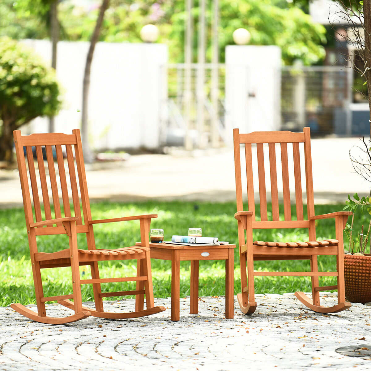 3 PCS Eucalyptus Rocking Chair Set W Coffee Table 2 Wood