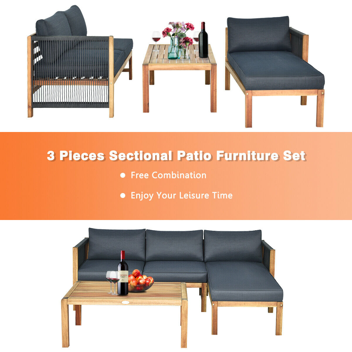 3PCS Patio Acacia Wood Sofa Furniture Set Thick Cushion W/Nylon