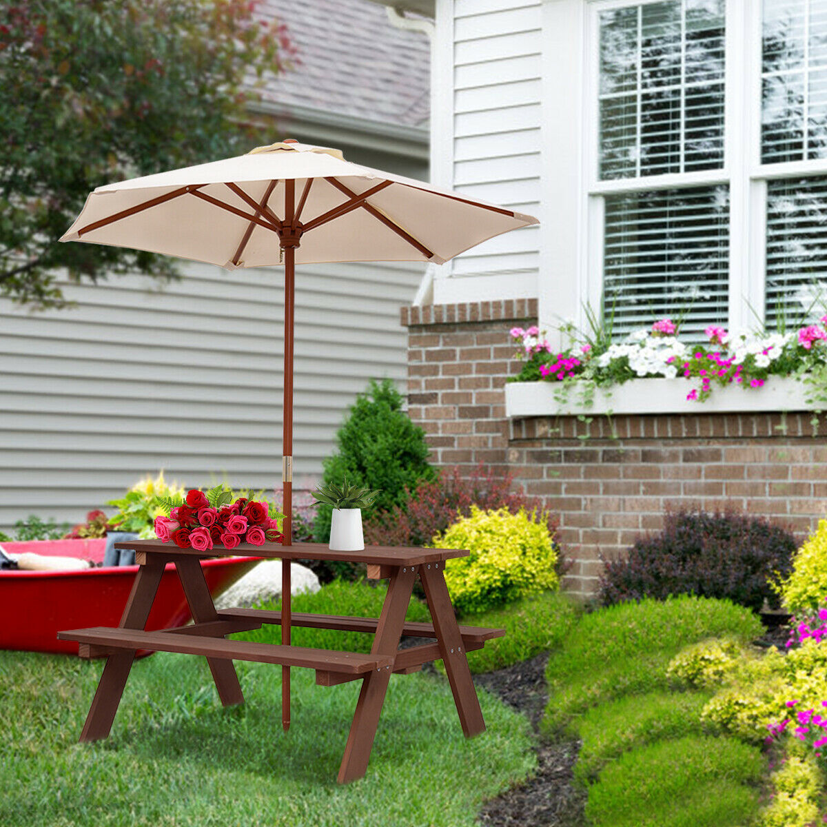 kids patio umbrella canada Outdoor 4-Seat Picnic Table Set with Removable for Kids and Family, Enjoy sunny days with the Outdoor 4-Seat Kids Picnic Table Bench Set featuring a removable umbrella. Perfect for family Whether for outdoor meals VERTUO Kid Beach Chair and