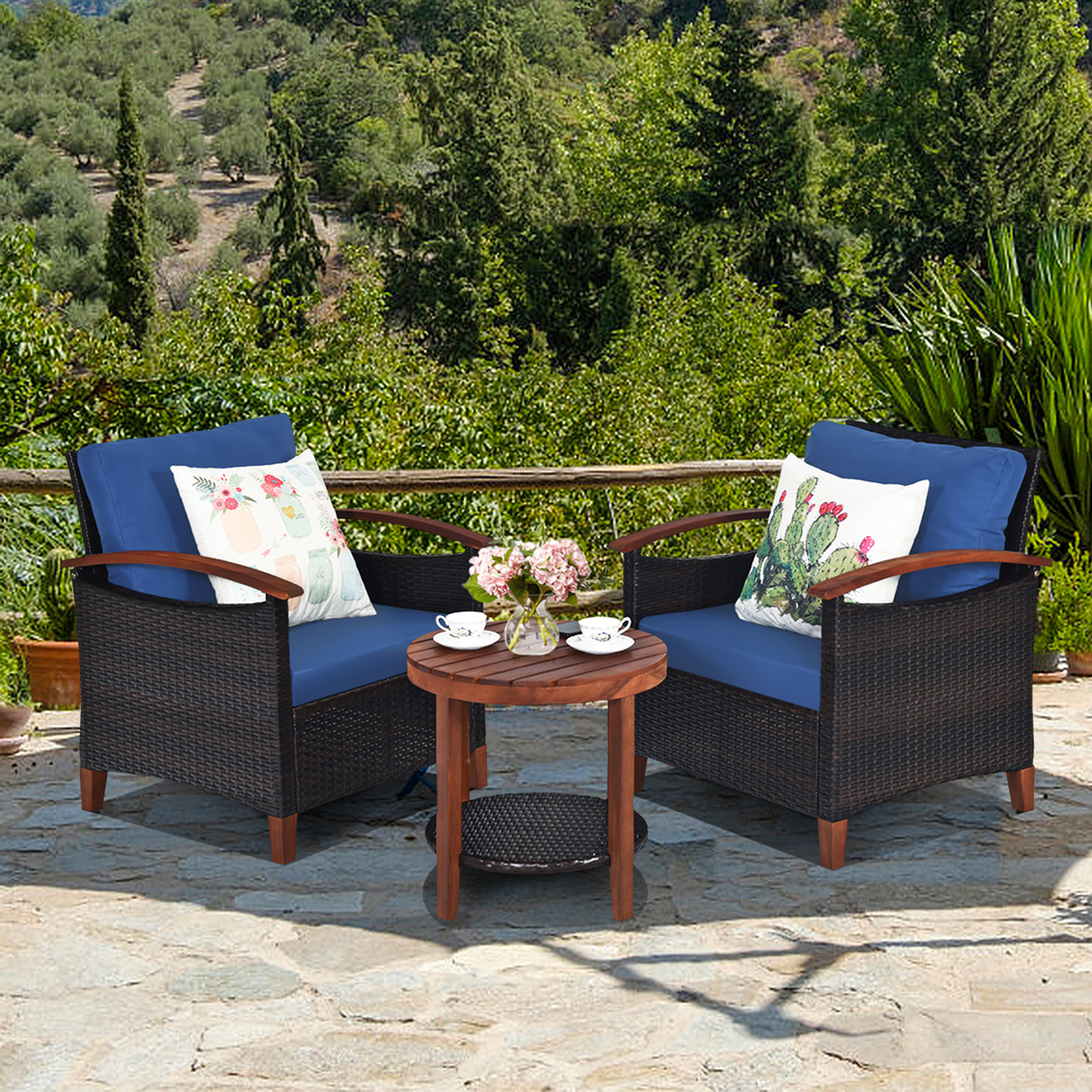 3PCS Patio Wicker Rattan Conversation Set Outdoor Furniture Set w/ Cushion - Picture 5 of 10