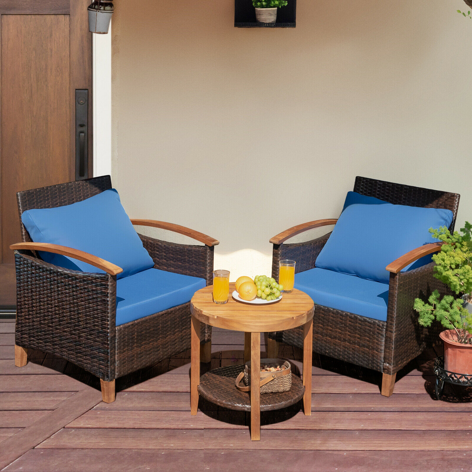 3PCS Patio Wicker Rattan Conversation Set Outdoor Furniture Set w/ Cushion - Picture 6 of 10