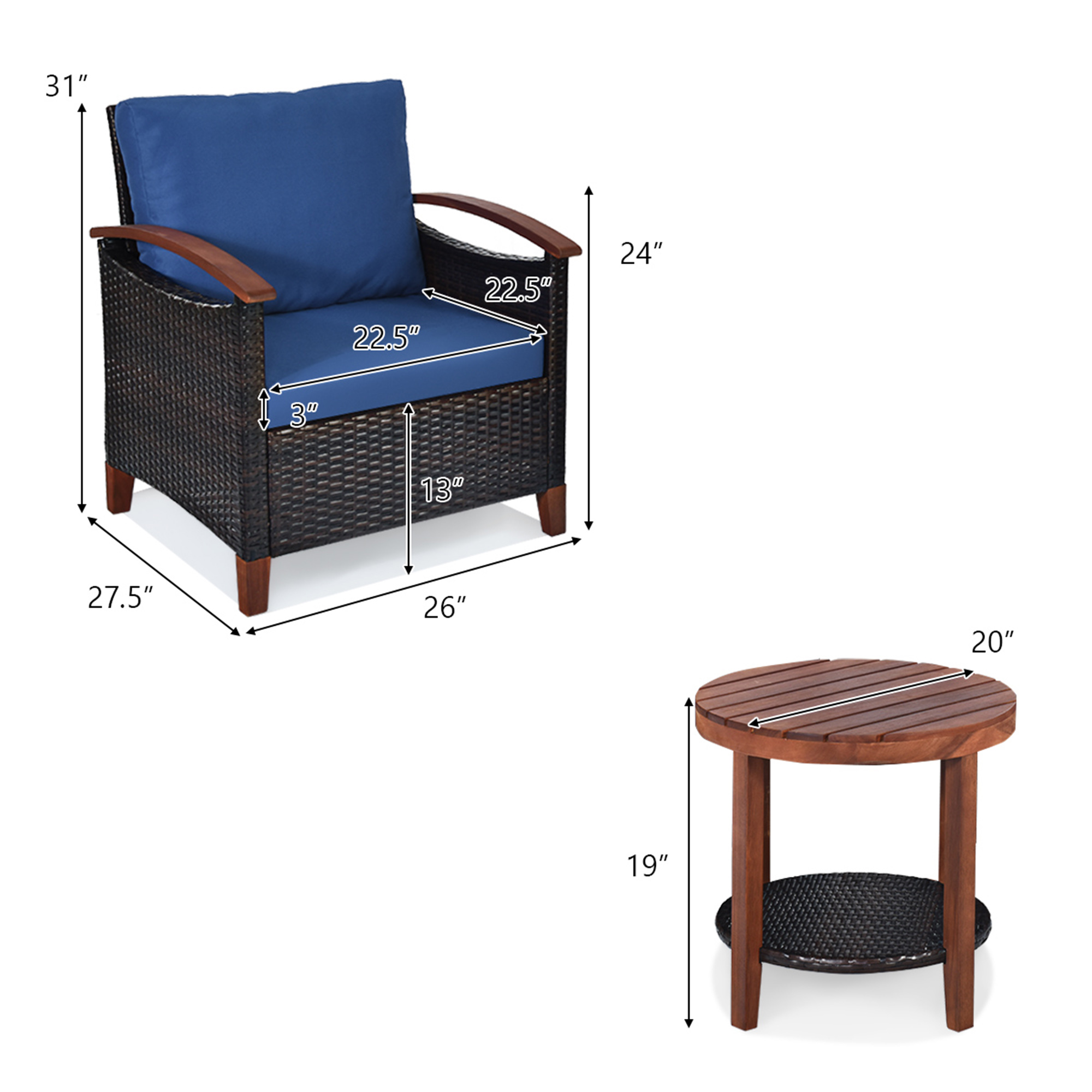 3PCS Patio Wicker Rattan Conversation Set Outdoor Furniture Set w/ Cushion - Picture 2 of 10