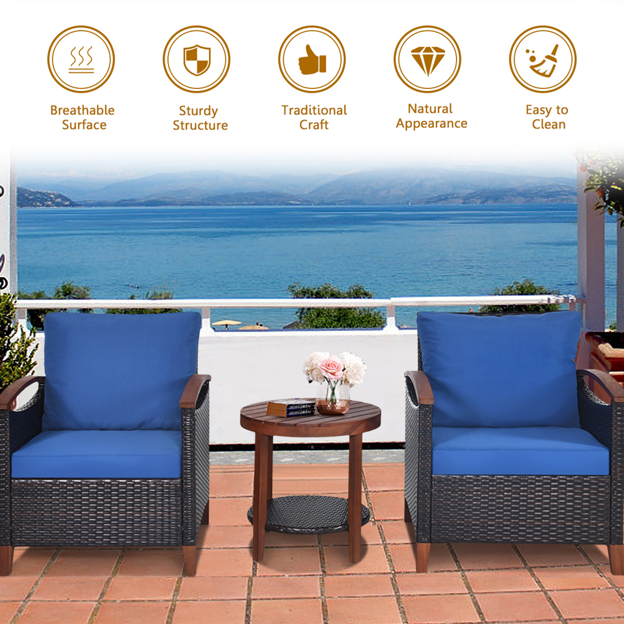 3PCS Patio Wicker Rattan Conversation Set Outdoor Furniture Set w/ Cushion - Picture 7 of 10