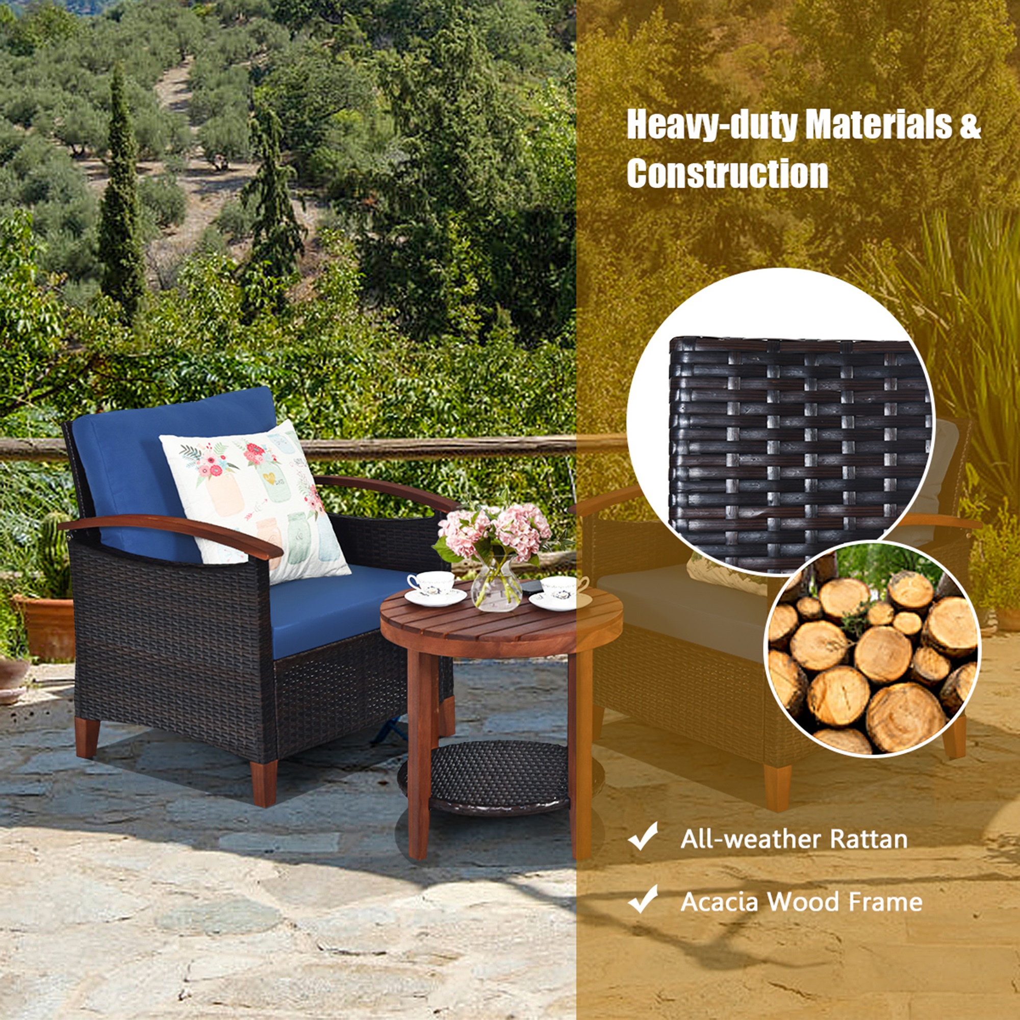 3PCS Patio Wicker Rattan Conversation Set Outdoor Furniture Set w/ Cushion - Picture 8 of 10