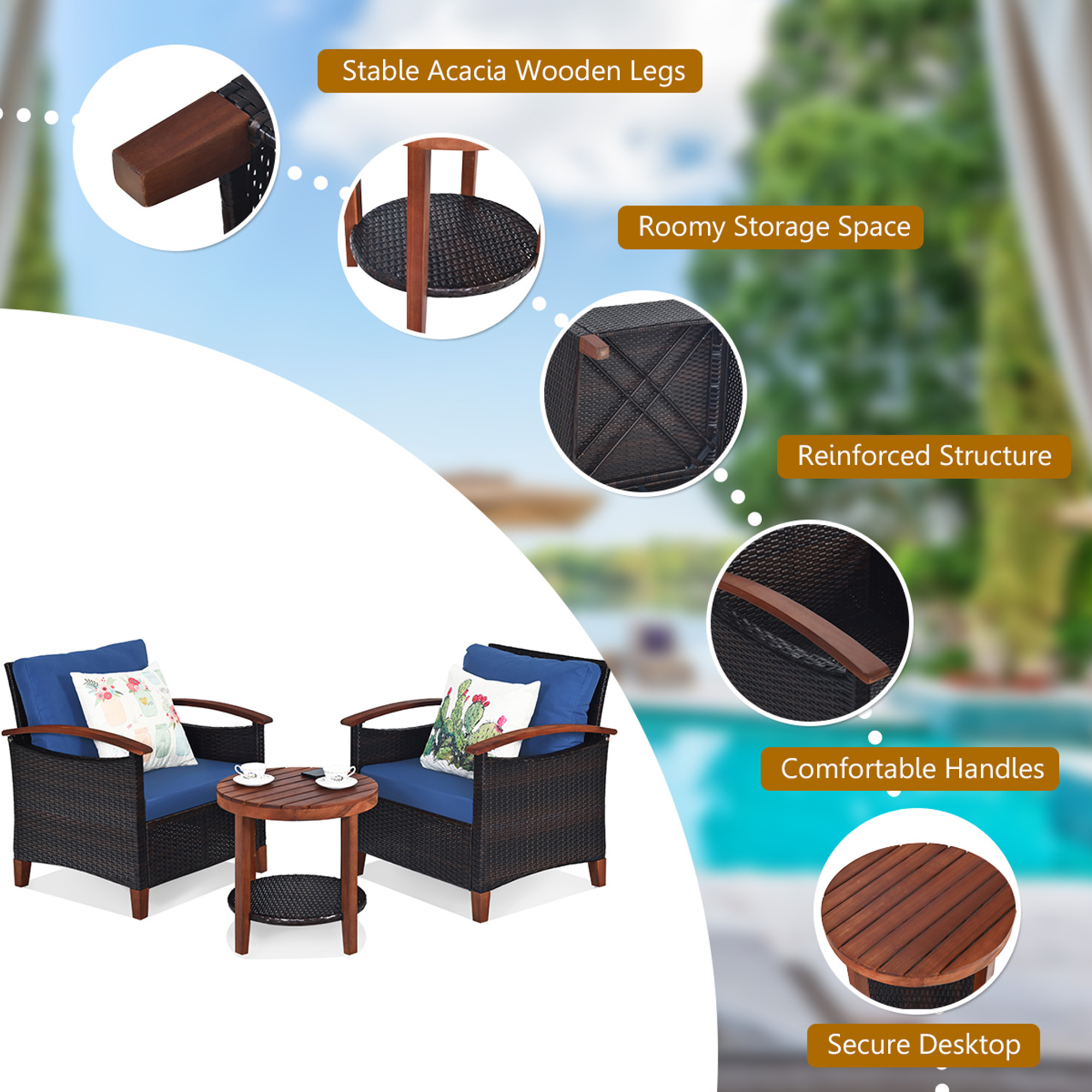 3PCS Patio Wicker Rattan Conversation Set Outdoor Furniture Set w/ Cushion - Picture 9 of 10