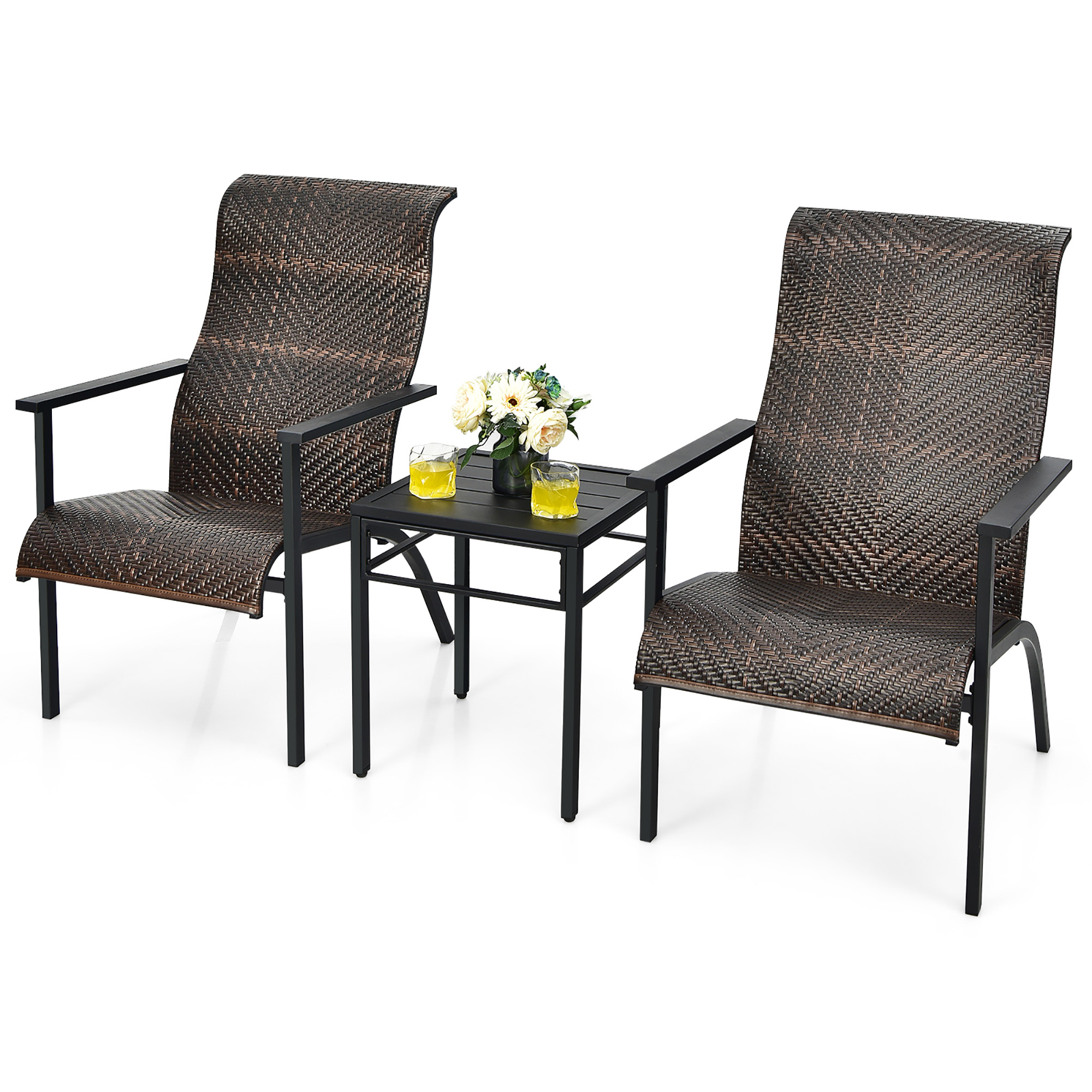 Topbuy 3PCS Rattan Bistro Chair Set Patio Furniture Set W/Table