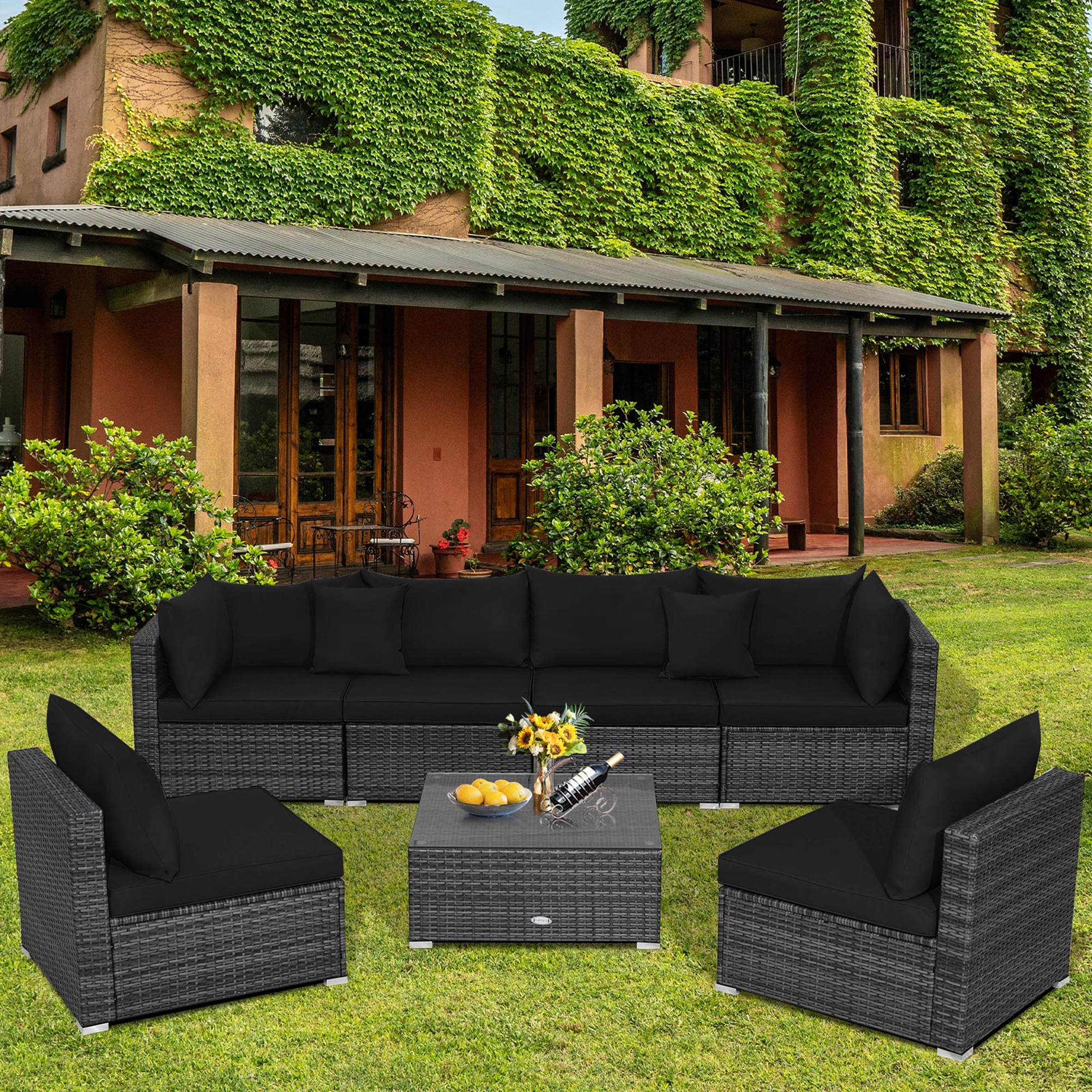 Topbuy 7PCS Patio Rattan Sectional Sofa Set Outdoor Furniture Set w/ Cushions
