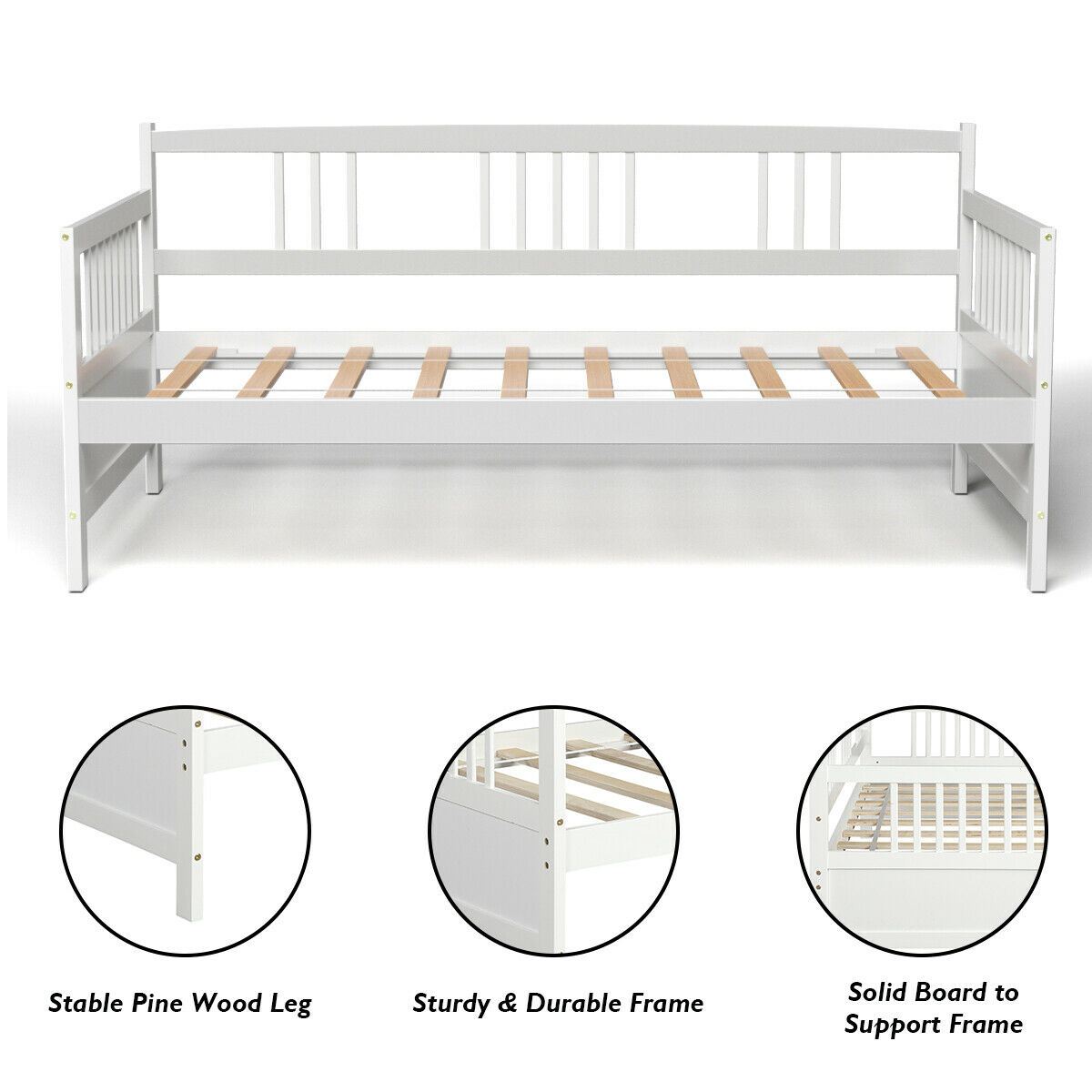 Twin Size Wooden Slats Daybed Bed Sofa Support Platform Sturdy W/Rails White - Picture 10 of 10