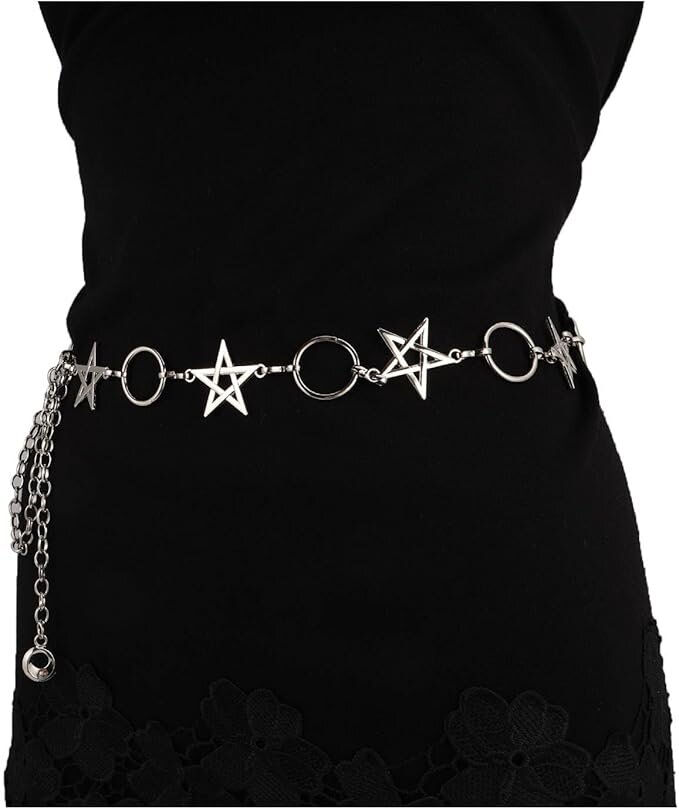 Women's Pentagram Rings Charm Metal Link Triple Body Chain