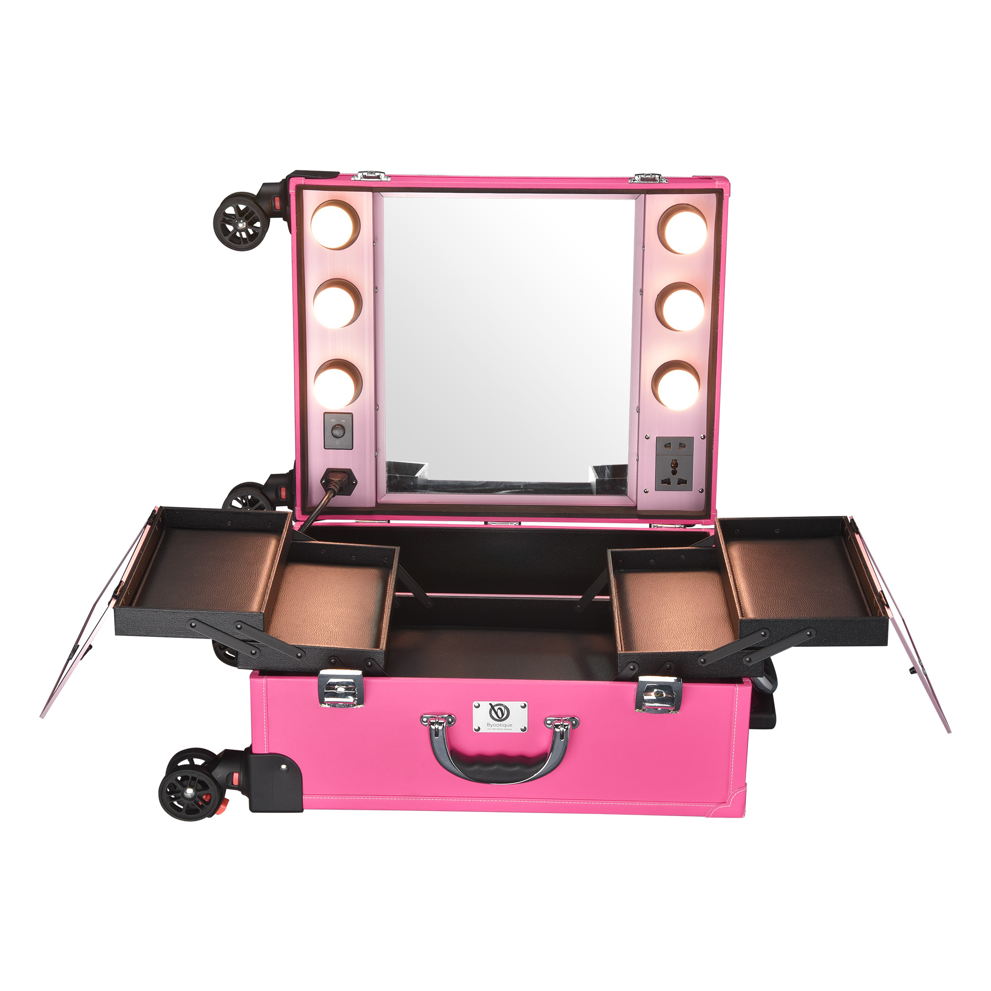 Byootique Hot Pink Tabletop Makeup Train Case Wheeled LED Light Mirror