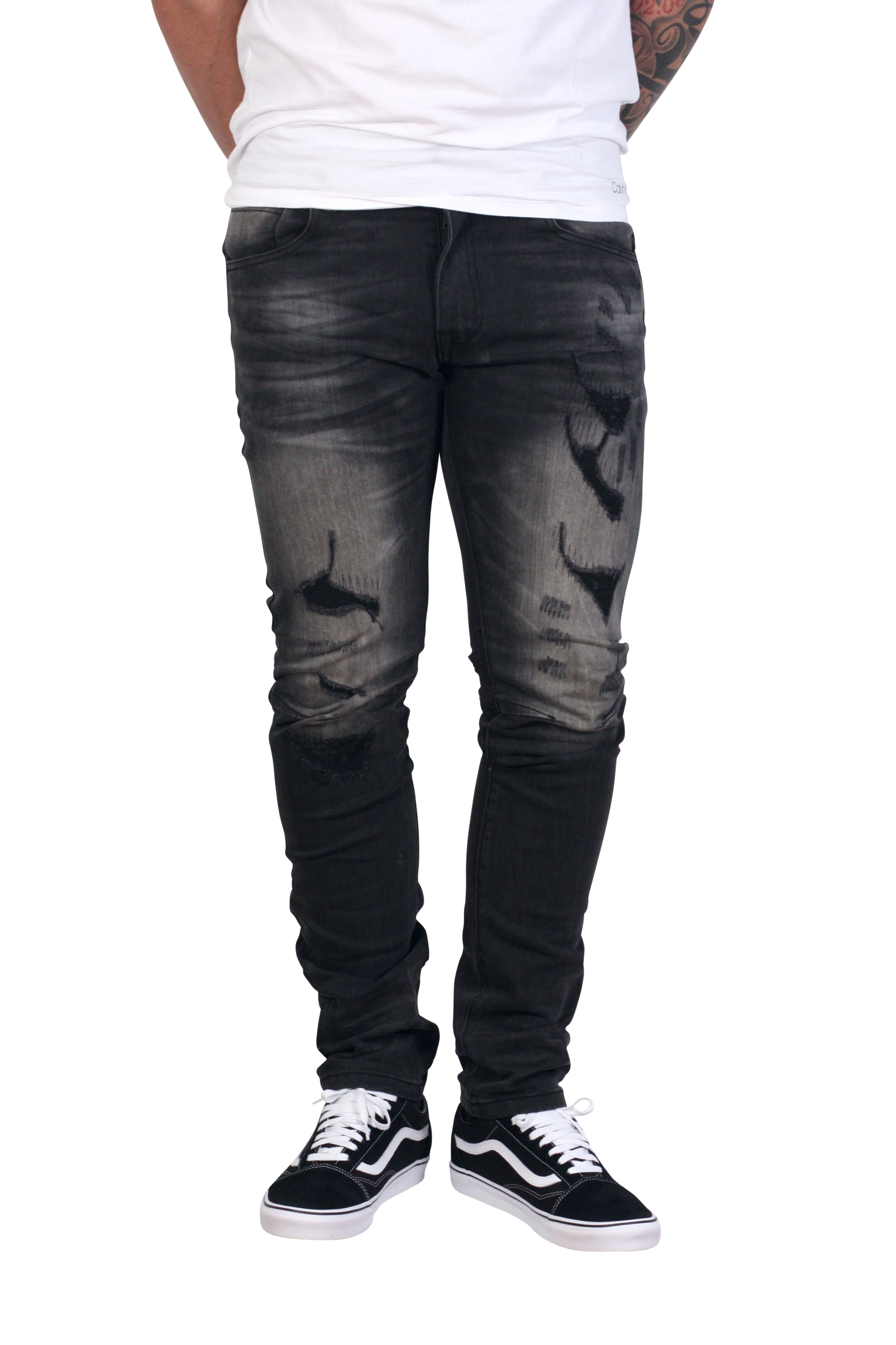Smoke Rise Mens Ripped Knee Stretch Slim Fit Denim Jeans Black